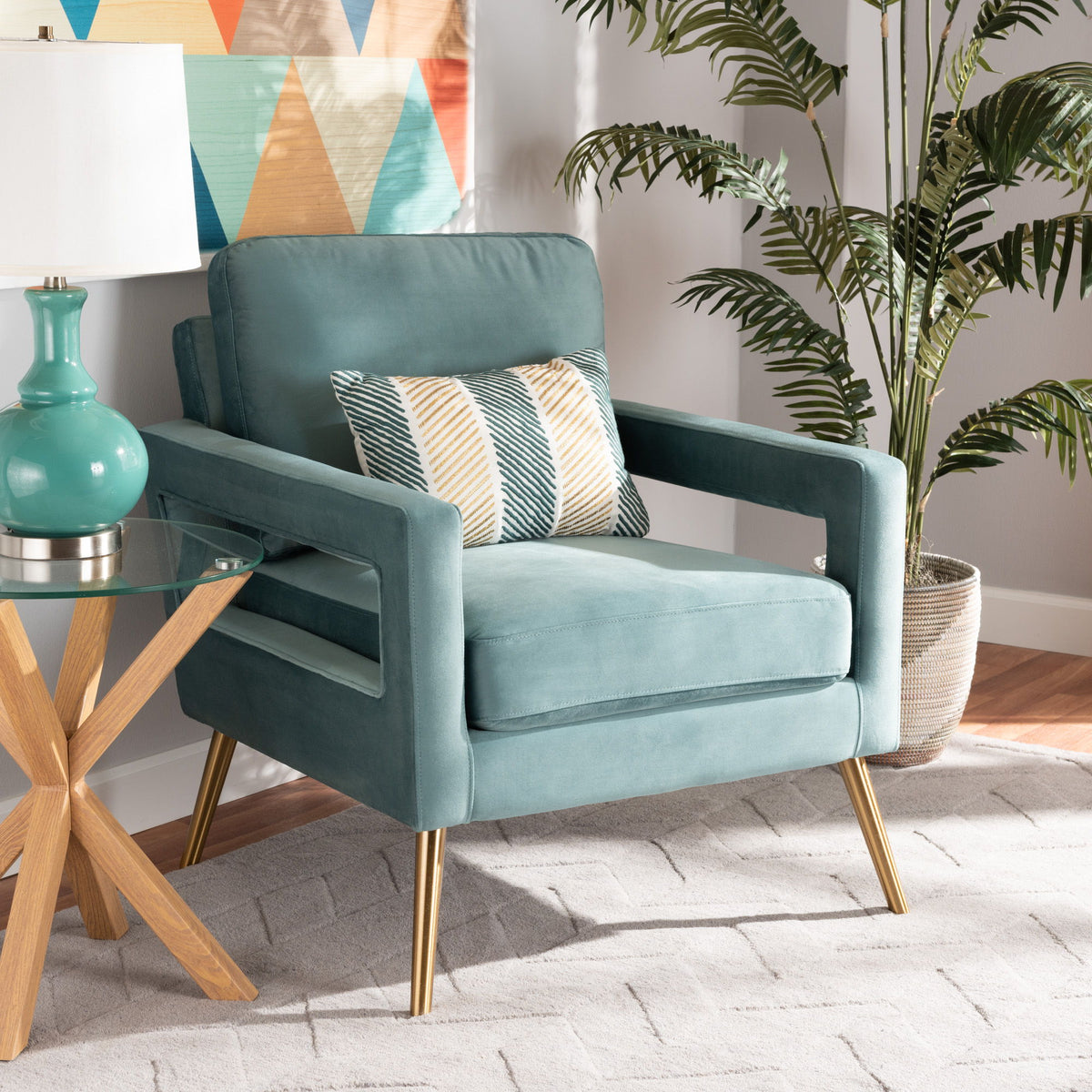 Leland Glam and Luxe Light Blue Velvet Fabric Upholstered and Gold Finished Armchair