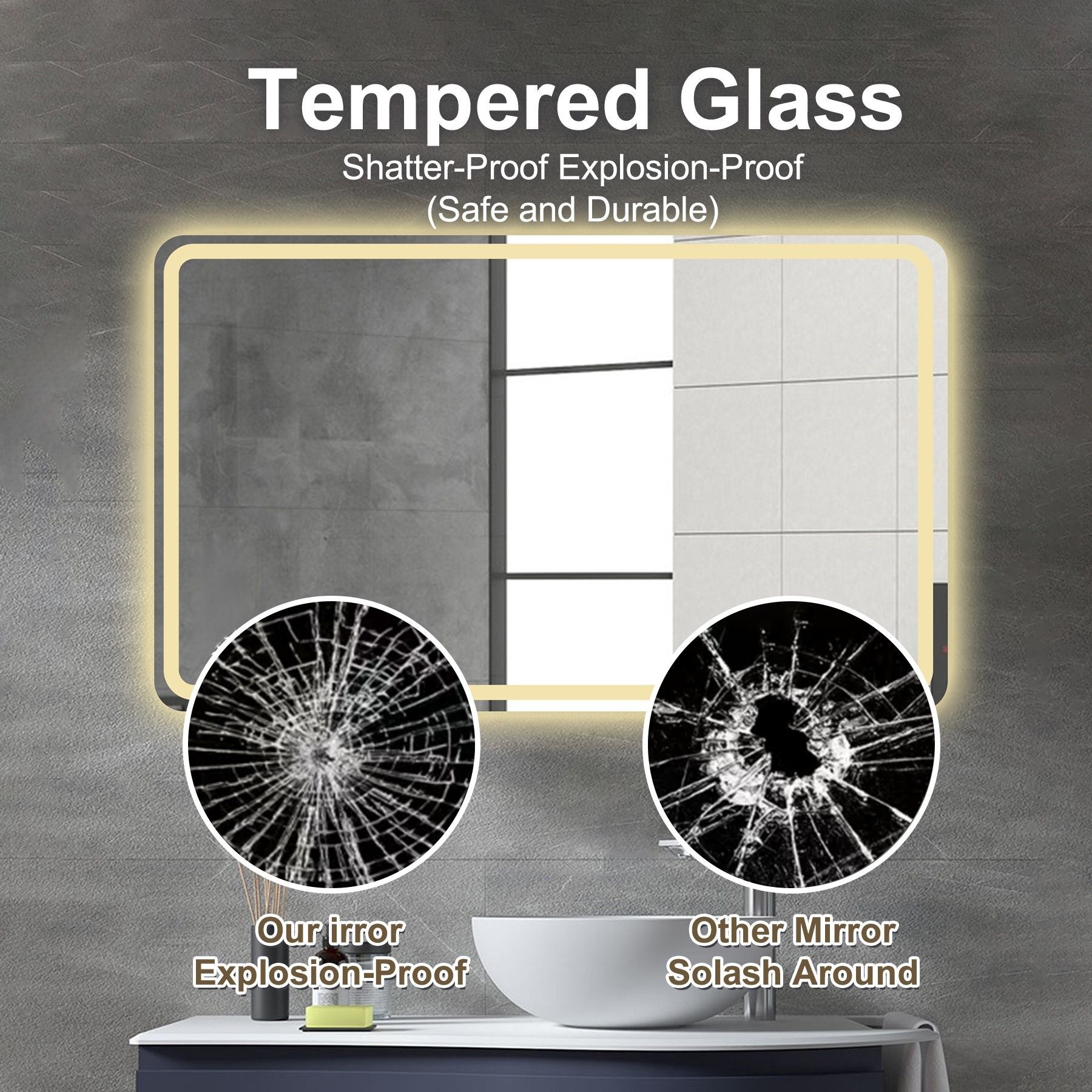 Bathroom Mirror Vanity Mirrors With Front Lights, Wall Mounted, Anti-Fog, Frameless, Horizontal Or Vertical