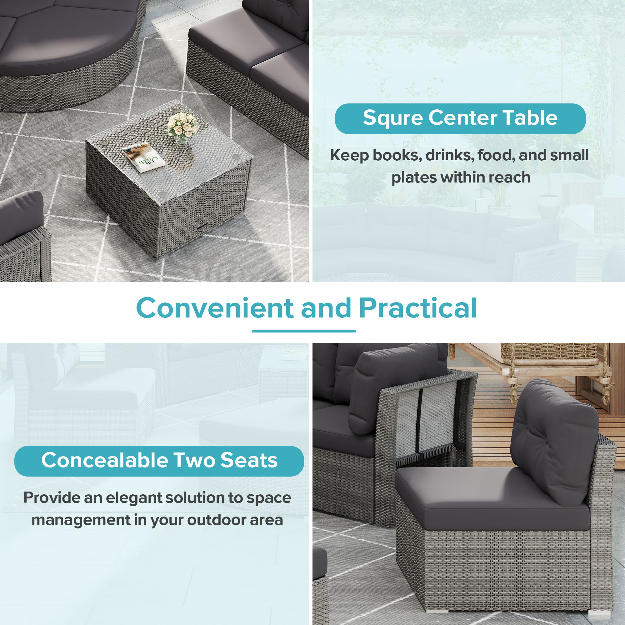 Elegant Patio Furniture Set Outdoor Daybed Rattan Sectional With Cushions And Center Table - Gray