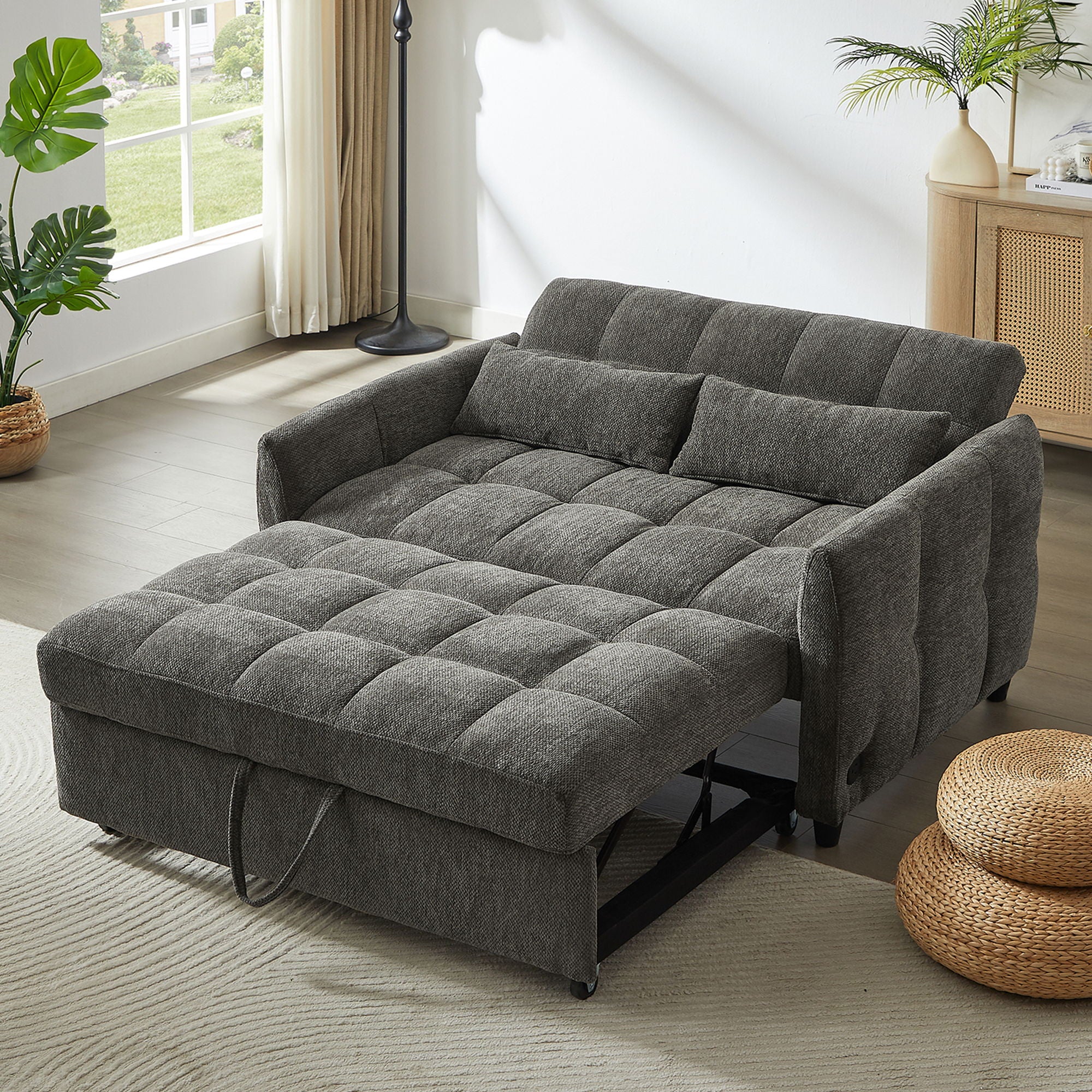 Loveseat Sofa Pull-Out Bed With Adjustable Backrest, 3 USB Ports And 2 Lumbar Pillows For Living Room