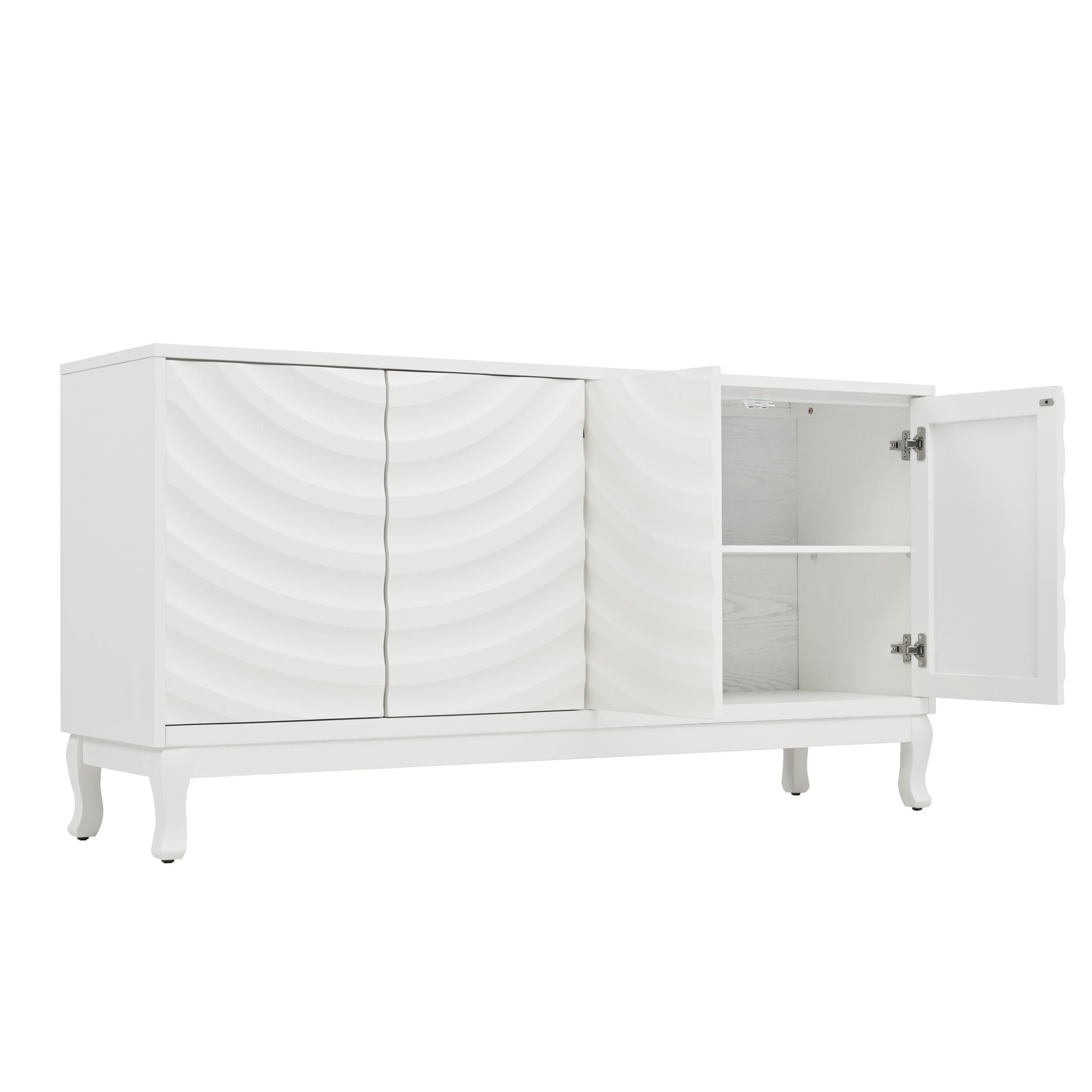 Elegant Sideboard With Sophisticated Wavy Pattern Doors And Arched Groove Design, Adjustable 4 Door Layout
