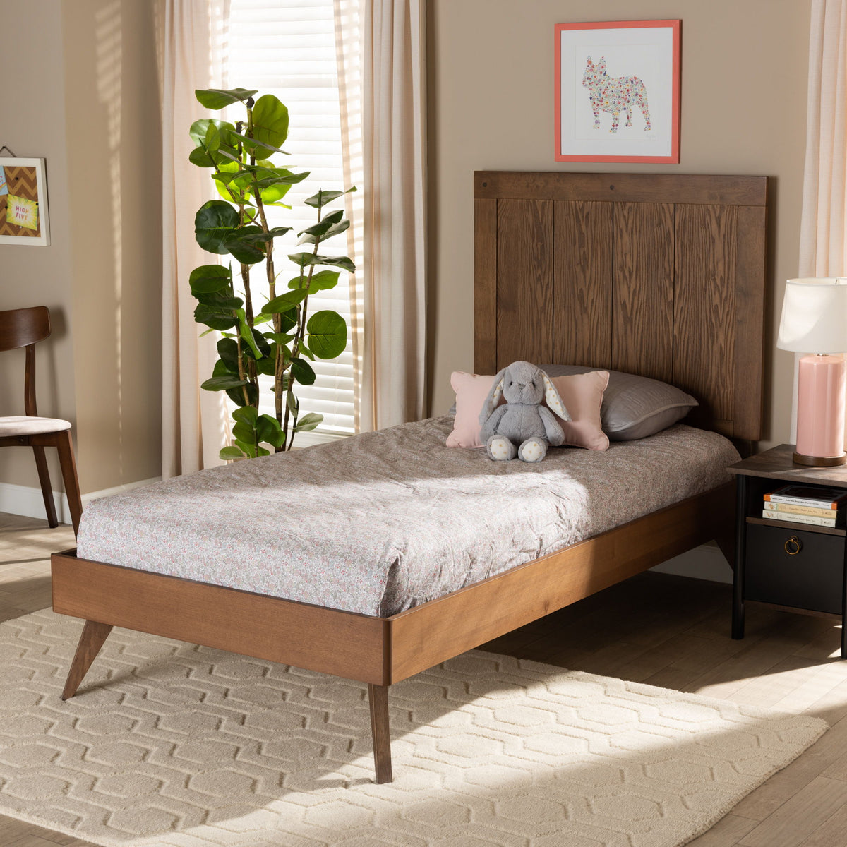 Amira Mid-Century Modern Transitional Ash Walnut Finished Wood Twin Size Platform Bed