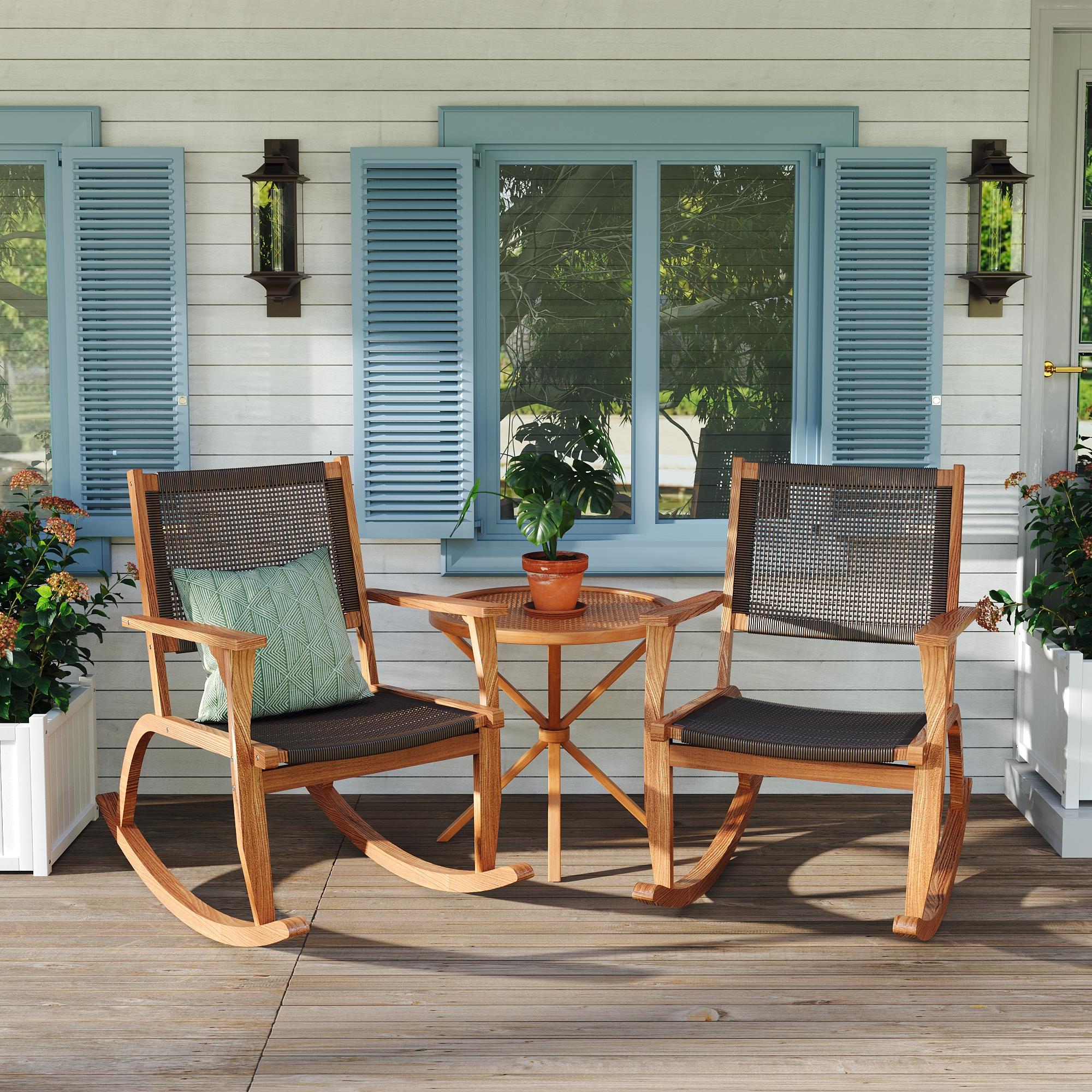 2-Pieces Patio Rocking Chair Set, Acacia Wood Outdoor Rockers with Wicker Rattan Seat & Backrest
