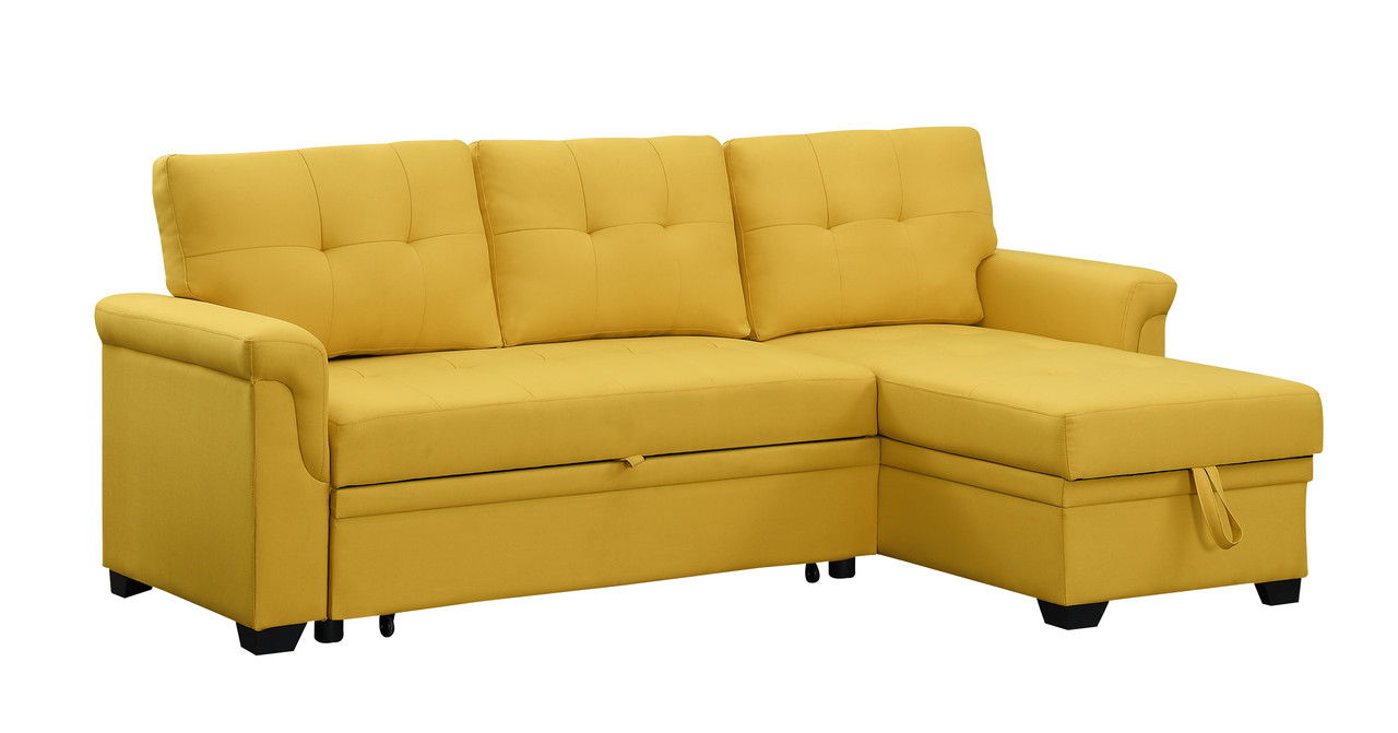 Lucca 84"W Yellow Linen Reversible Sleeper Sectional Sofa with Storage Chaise