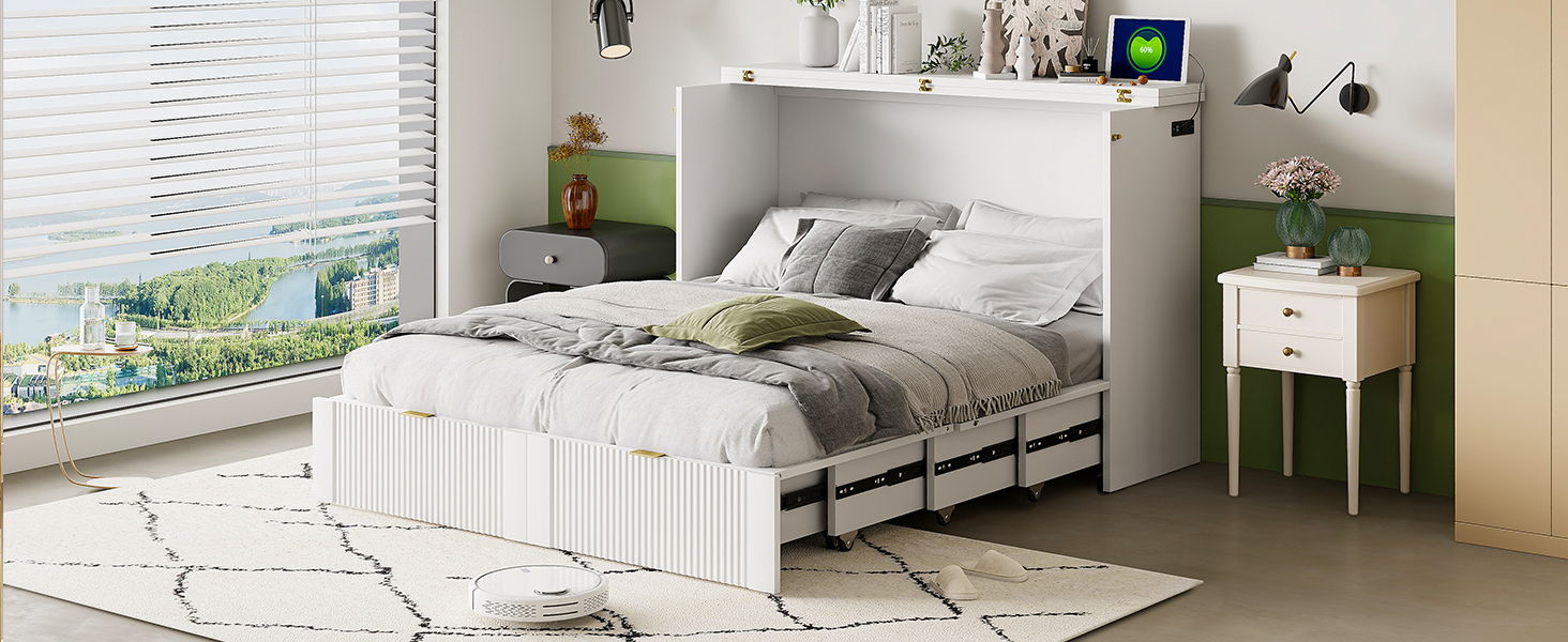 Murphy Bed With Drawer And A Set Of Sockets & USB Ports, Pulley Structure Design