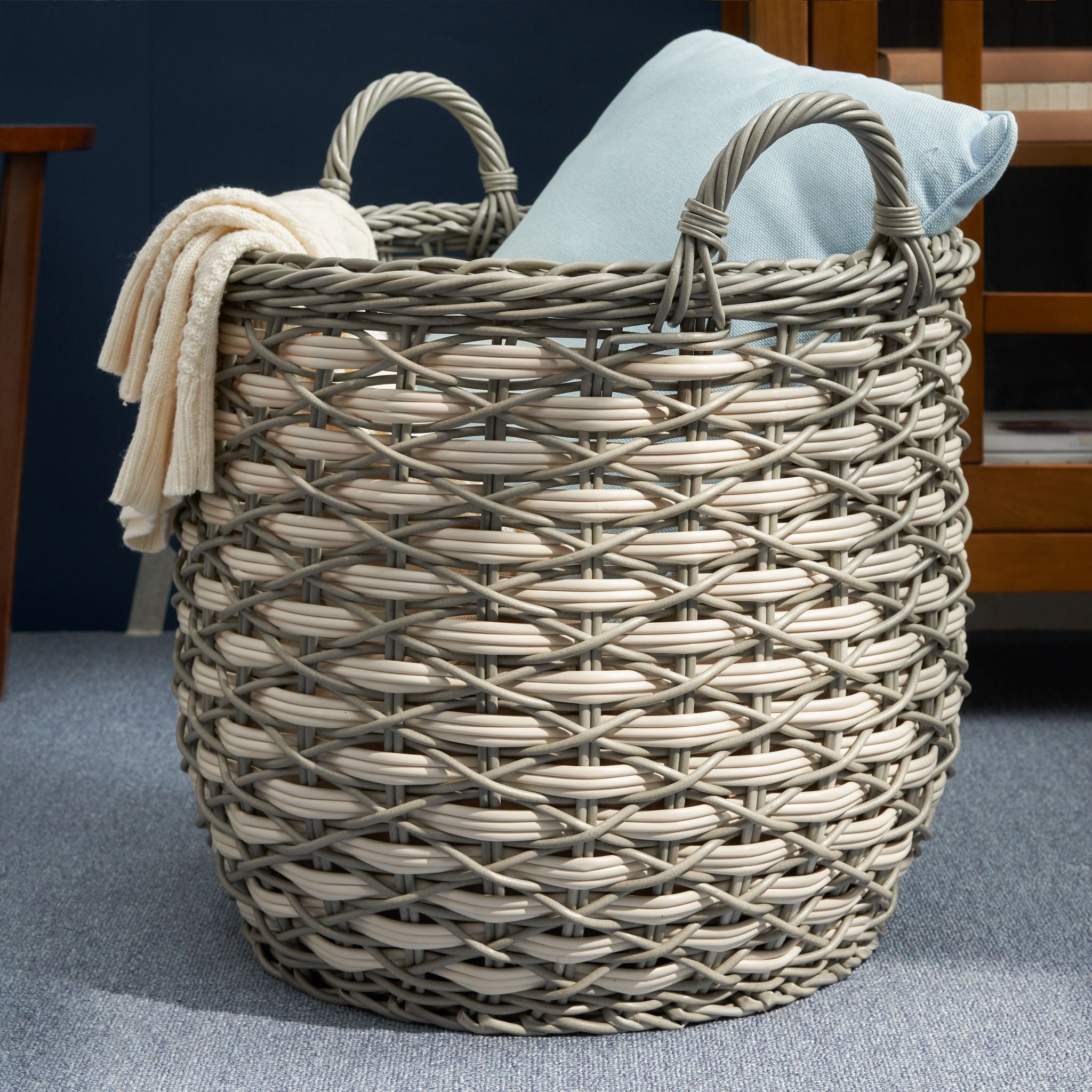 Round Resin Woven Wicker Multi Use Storage Basket With Handles - Cream / Gray