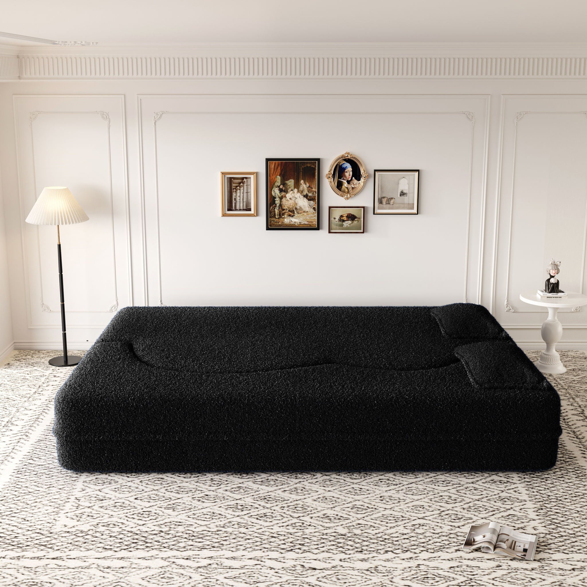 Modern Floor Sofa, With 2 Pillows, Convertible Teddy Fabric Foam Filled Bed
