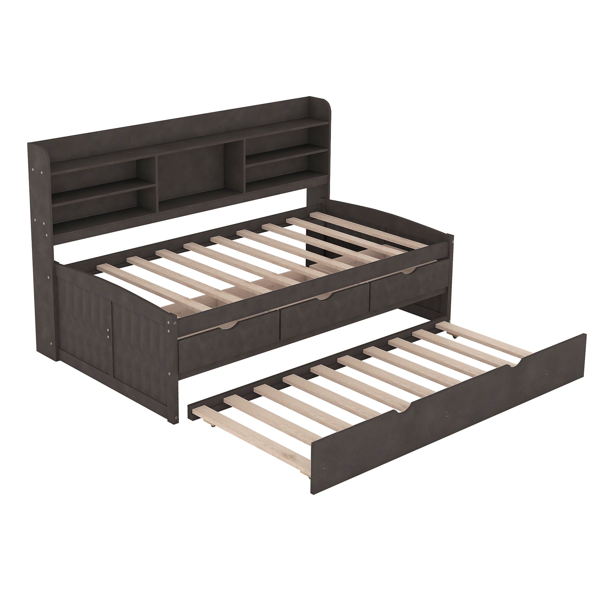 Captain Bed With Built In Bookshelves, 3 Storage Drawers, And Trundle