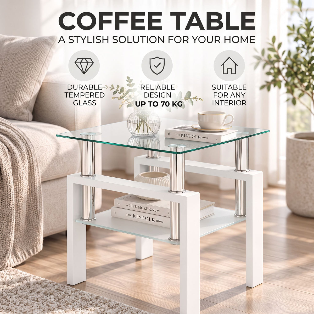 Modern Tempered Glass Tea Table, End Square Table For Living Room