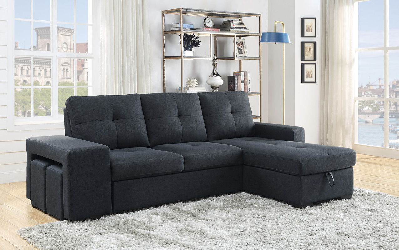 Lucas 97"W Dark Gray Linen Sleeper Sectional Sofa with Reversible Storage Chaise