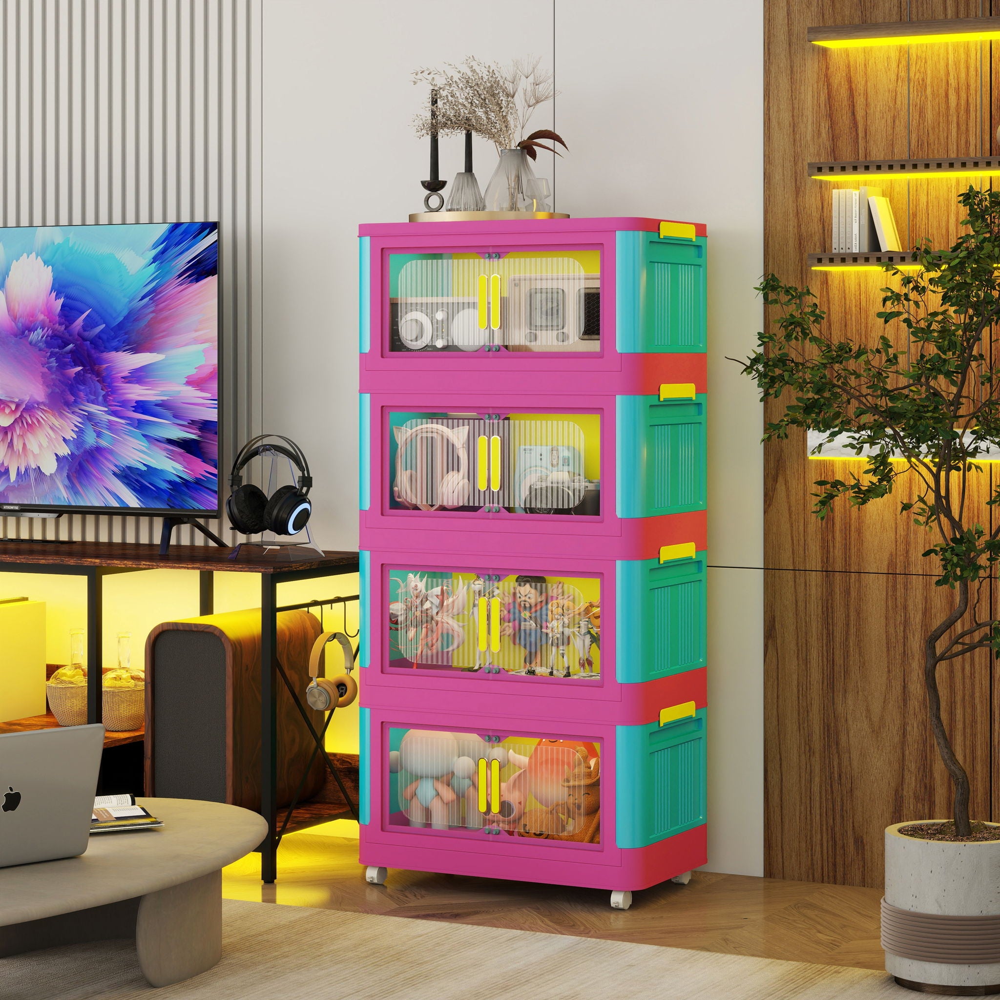 Folding Storage Cabinet With Magnetic Doors And Wheels