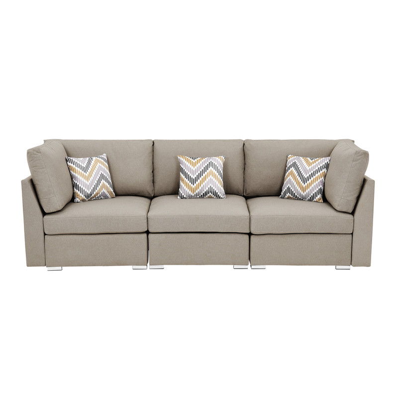 Amira 95.3"W Beige Fabric Sofa Couch with Pillows