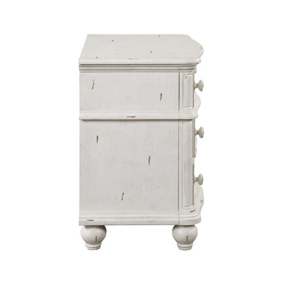 ACME Jaqueline - Nightstand - Light Gray Linen & Antique White Finish | Meri Furniture