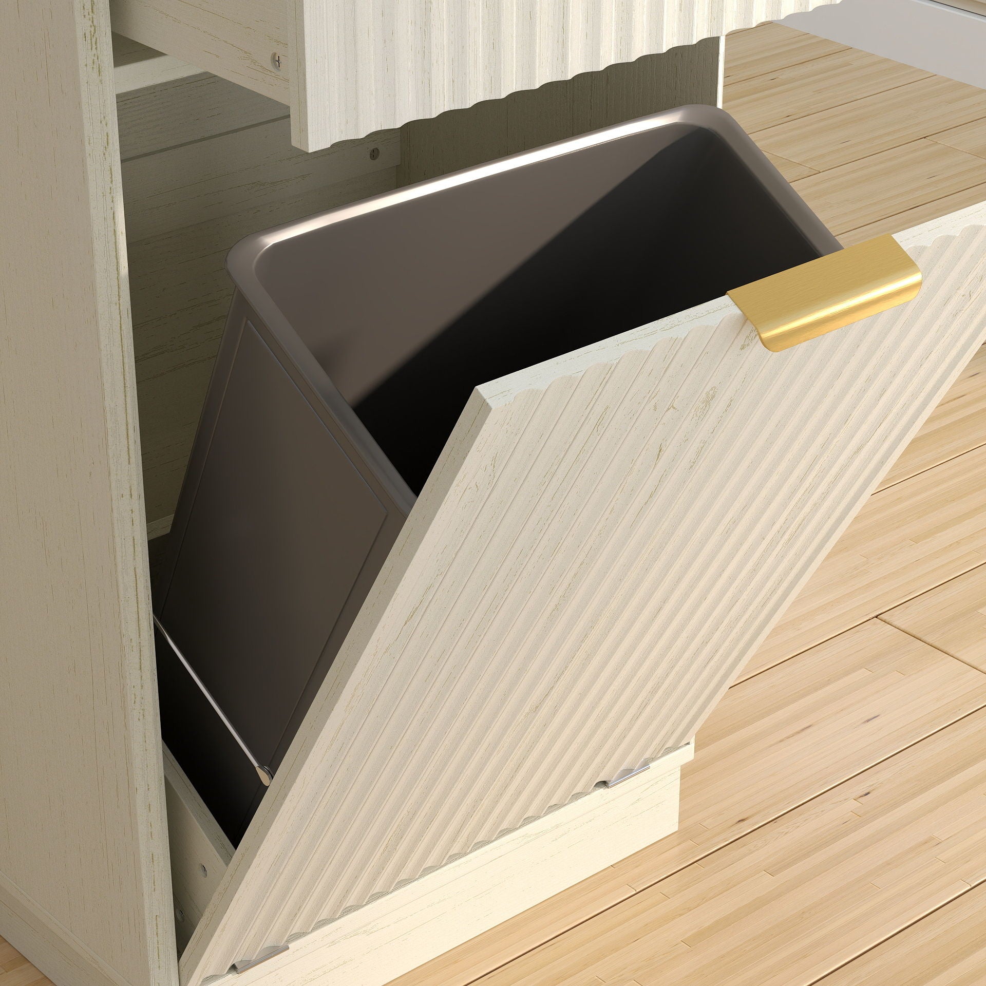 Tilt Out Trash Can Cabinet With Wave Textured Drawer & Pull Out Bin