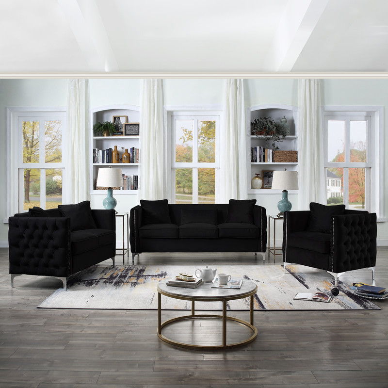 Bayberry Black Velvet Sofa Loveseat Chair Living Room Set