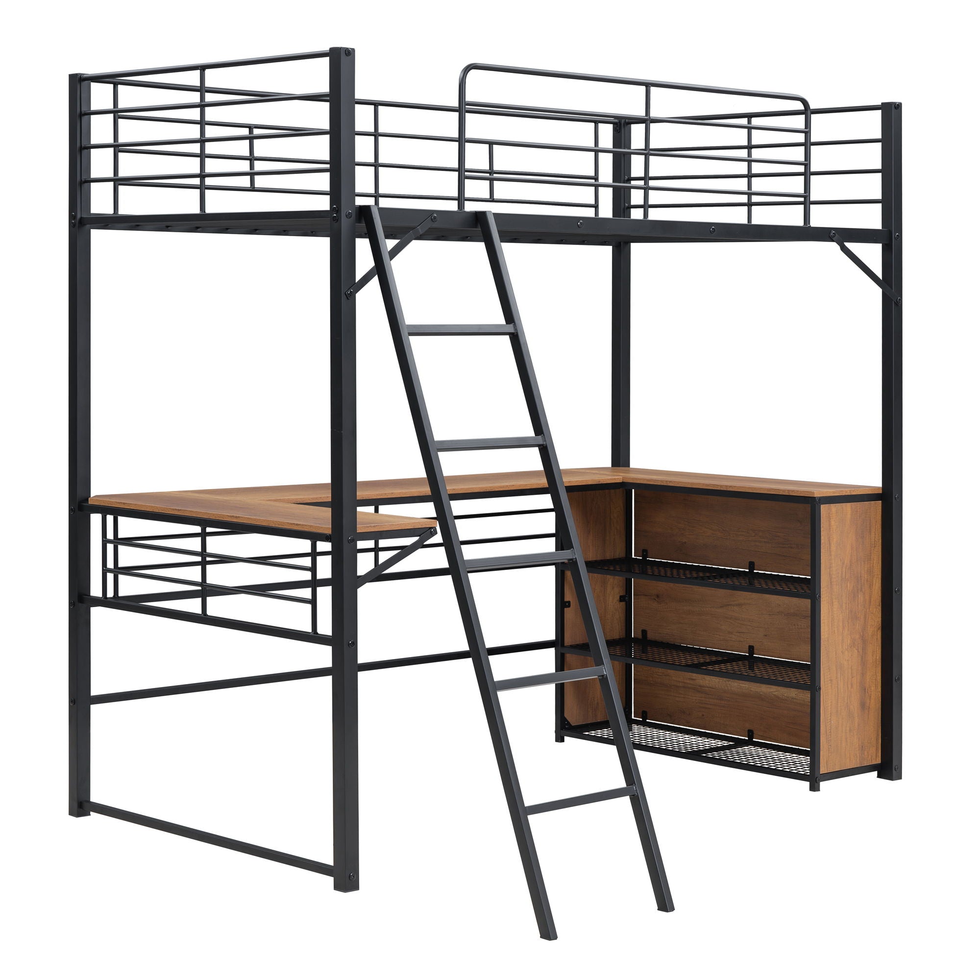 Loft Bed & 3 Layers Of Shelves And L-Shaped Desk