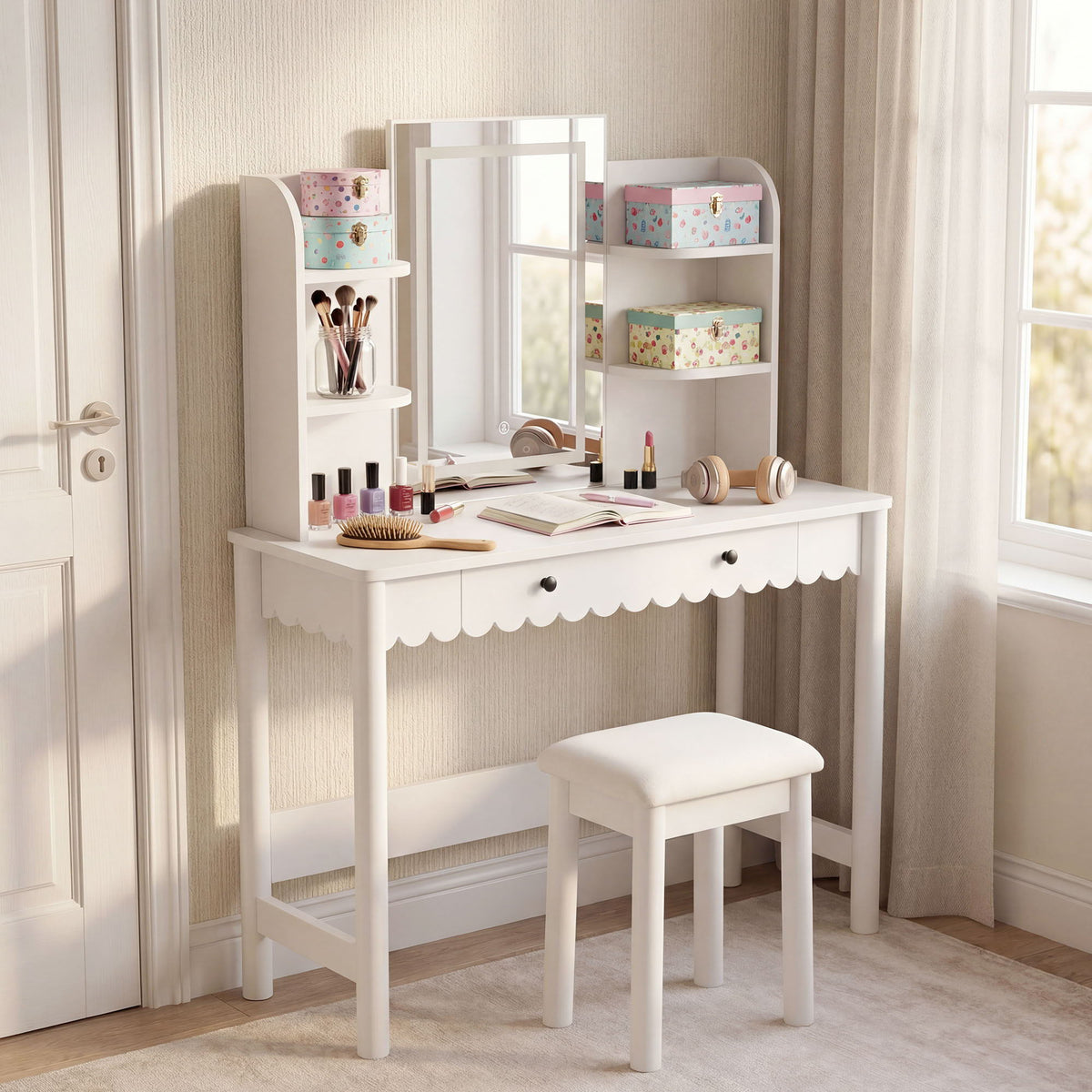 Emmeline Scalloped Makeup Vanity Desk With LED Mirror and Stool by Modway