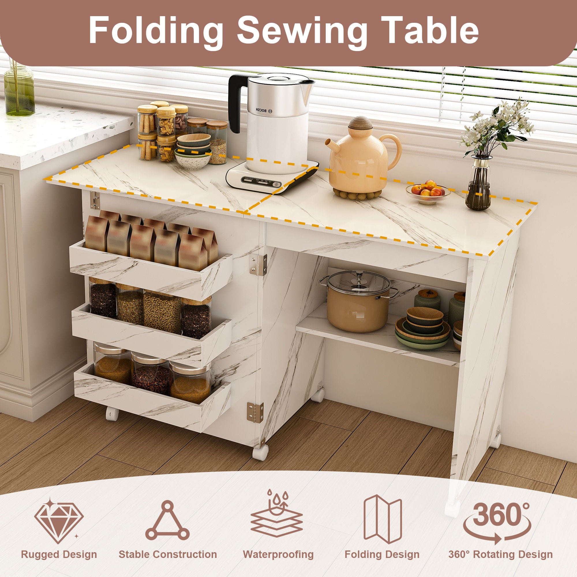 4 In 1 Folding Sewing Table With Lockable Wheels, Multi Functional Craft Station - White