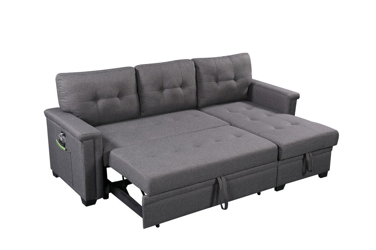 Ashlyn 84"W Dark Gray Reversible Sleeper Sectional Sofa with Storage Chaise, USB Charging Ports and Pocket