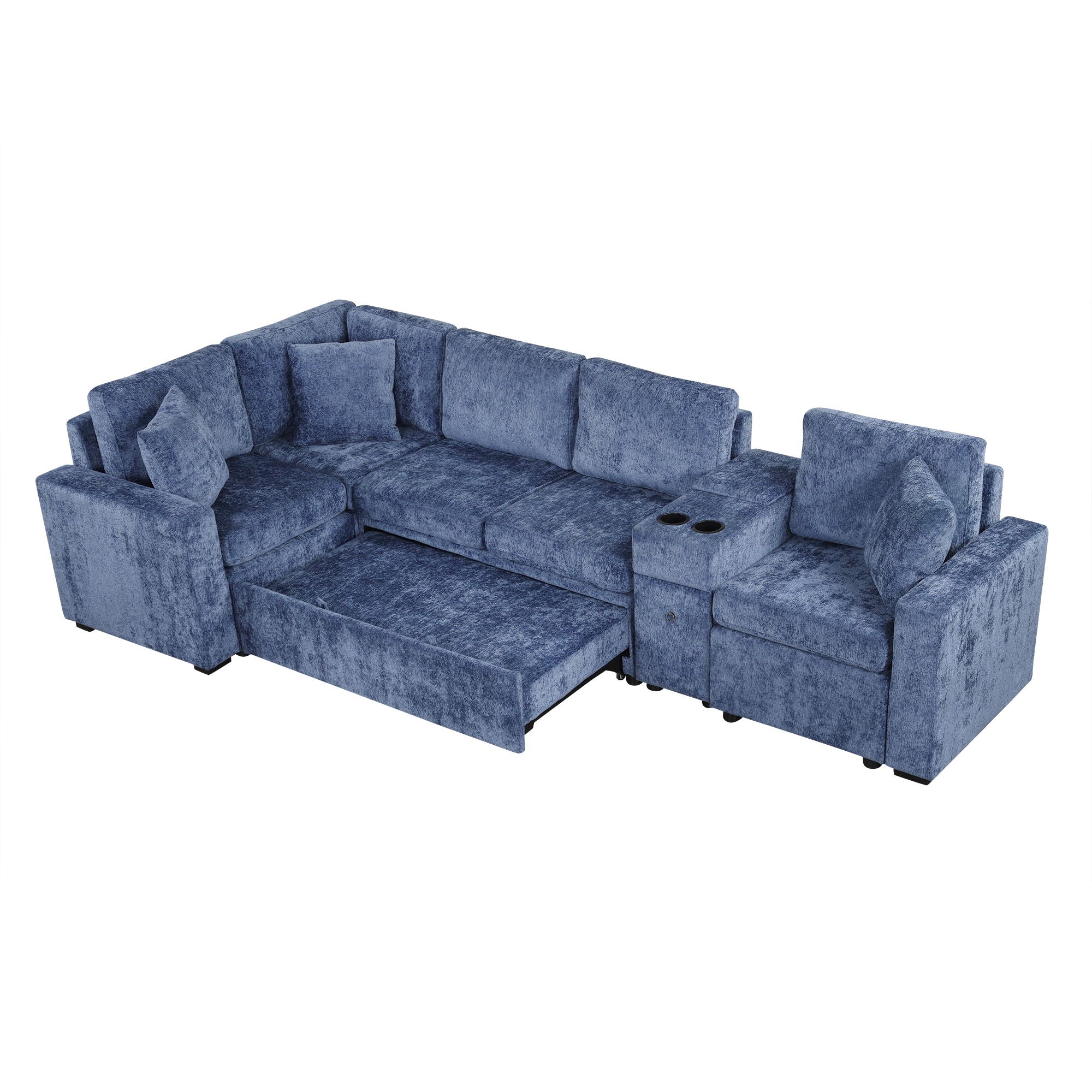Contemporary L Shaped Convertible Sofa Bed With Pull Out Bed, Cup Holders, And Storage