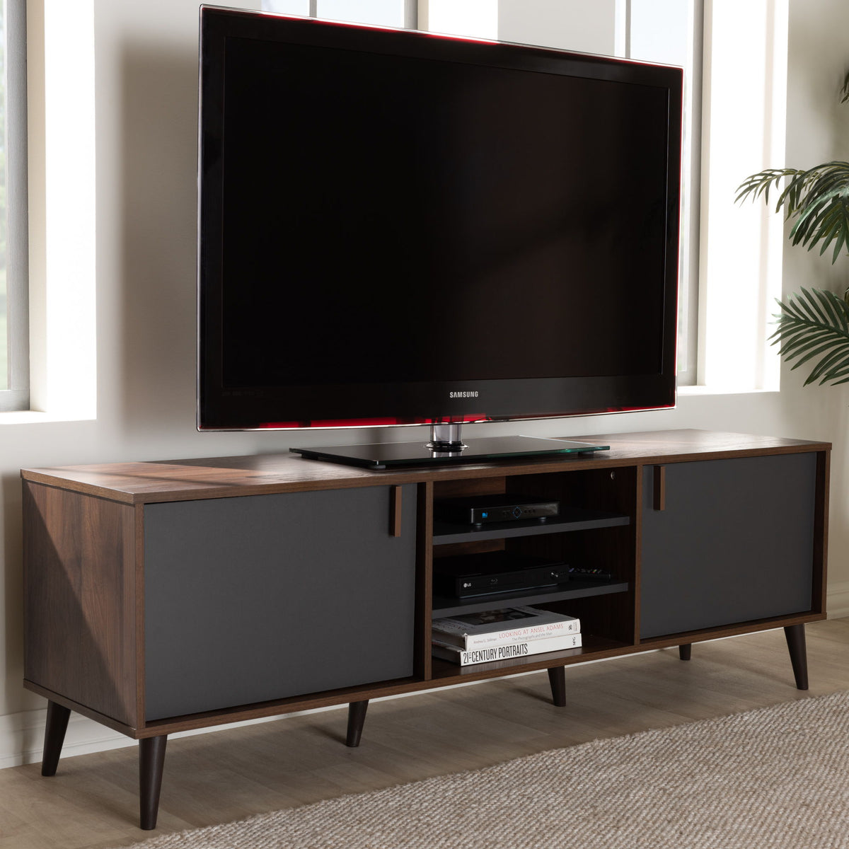 Samuel Mid-Century Modern Brown and Dark Grey Finished TV Stand