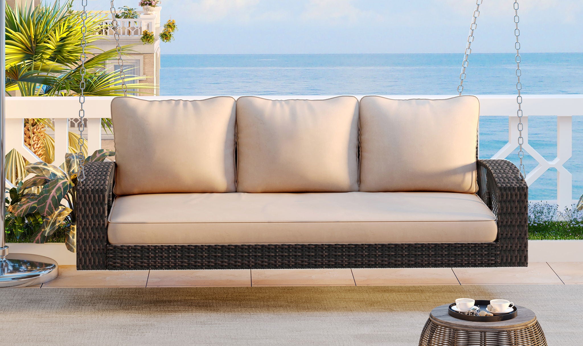 3 Person Large Patio Swing Bench With Cushions For Backyard