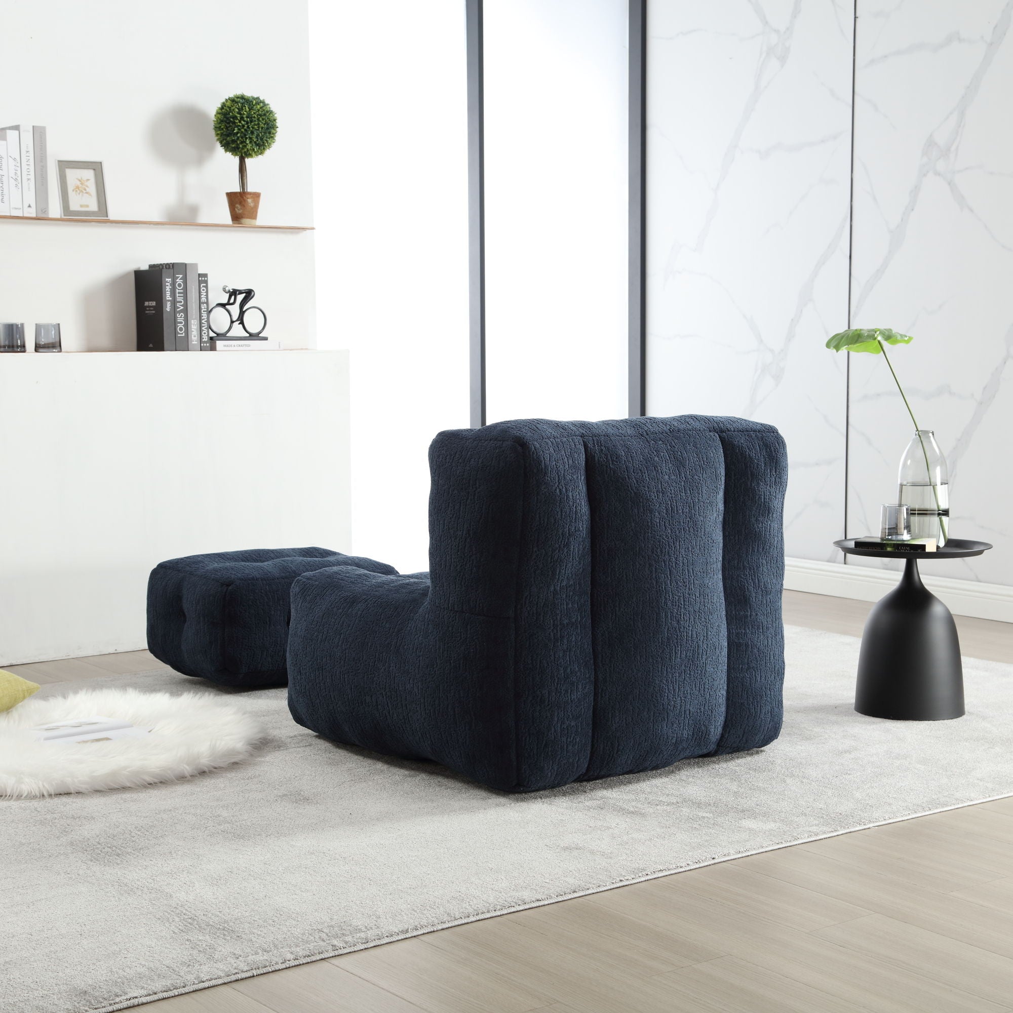 Modern Indoor Fluffy Bean Bag Chair With Memory Foam And Ottoman, Super Soft
