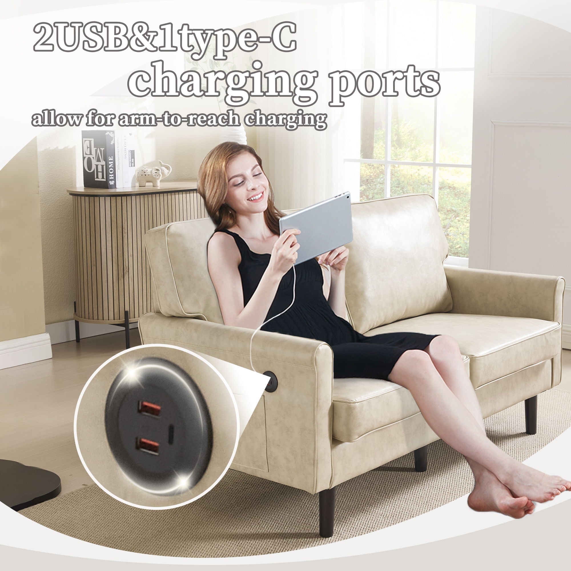 Mid Century Modern Loveseat Sofa With USB Ports, Removable Pillow Cover