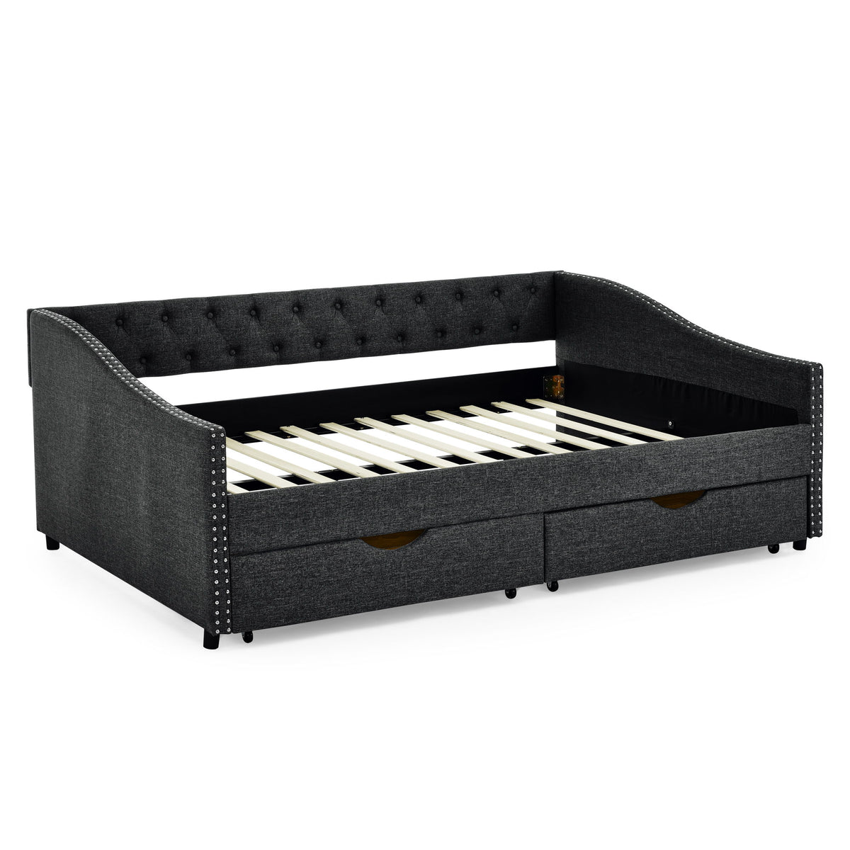 Full Size Upholstered Daybed With Tufted Back And Nail Trimmed Waved Arms - Dark Gray
