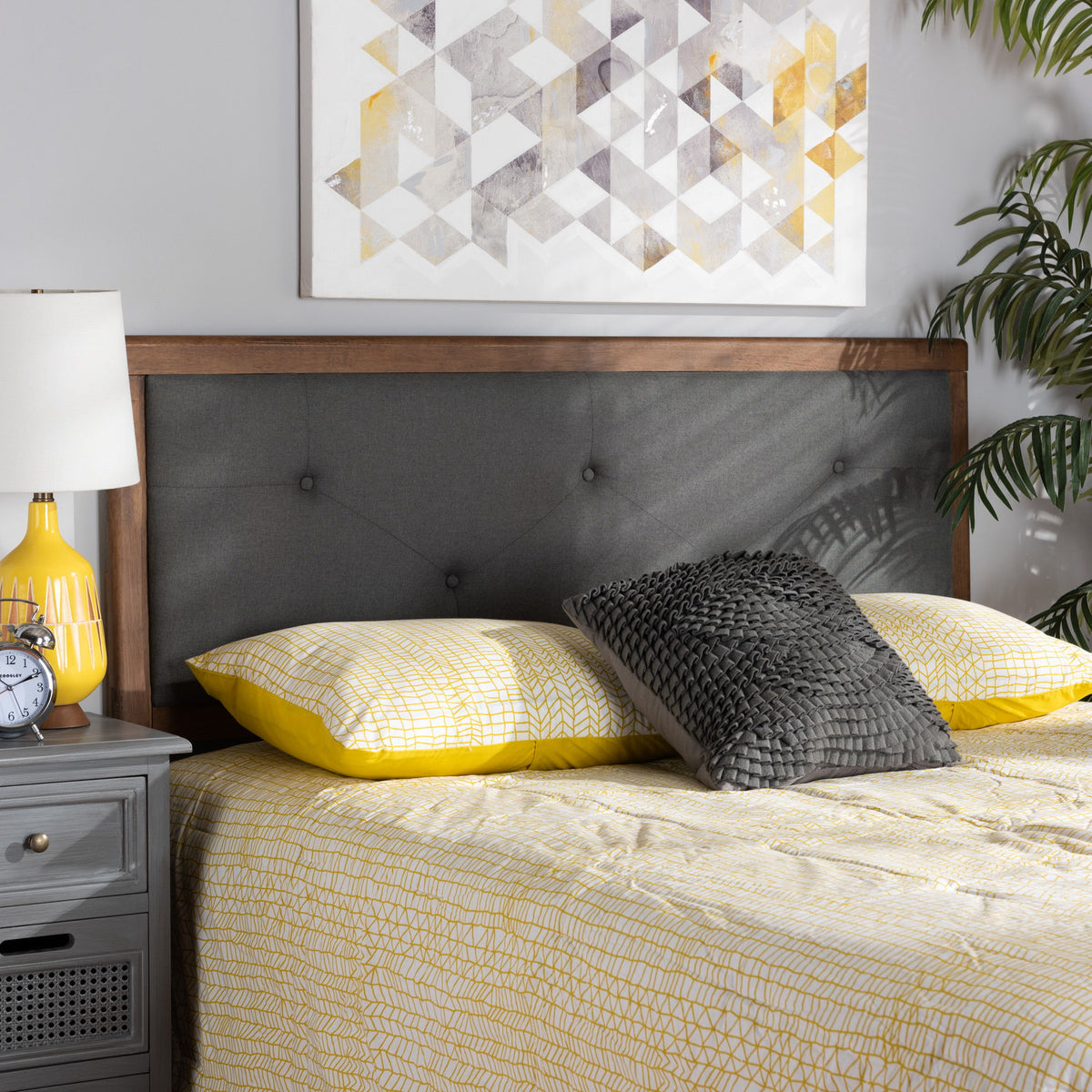 Abner Modern and Contemporary Transitional Dark Grey Fabric Upholstered and Walnut Brown Finished Wood King Size Headboard