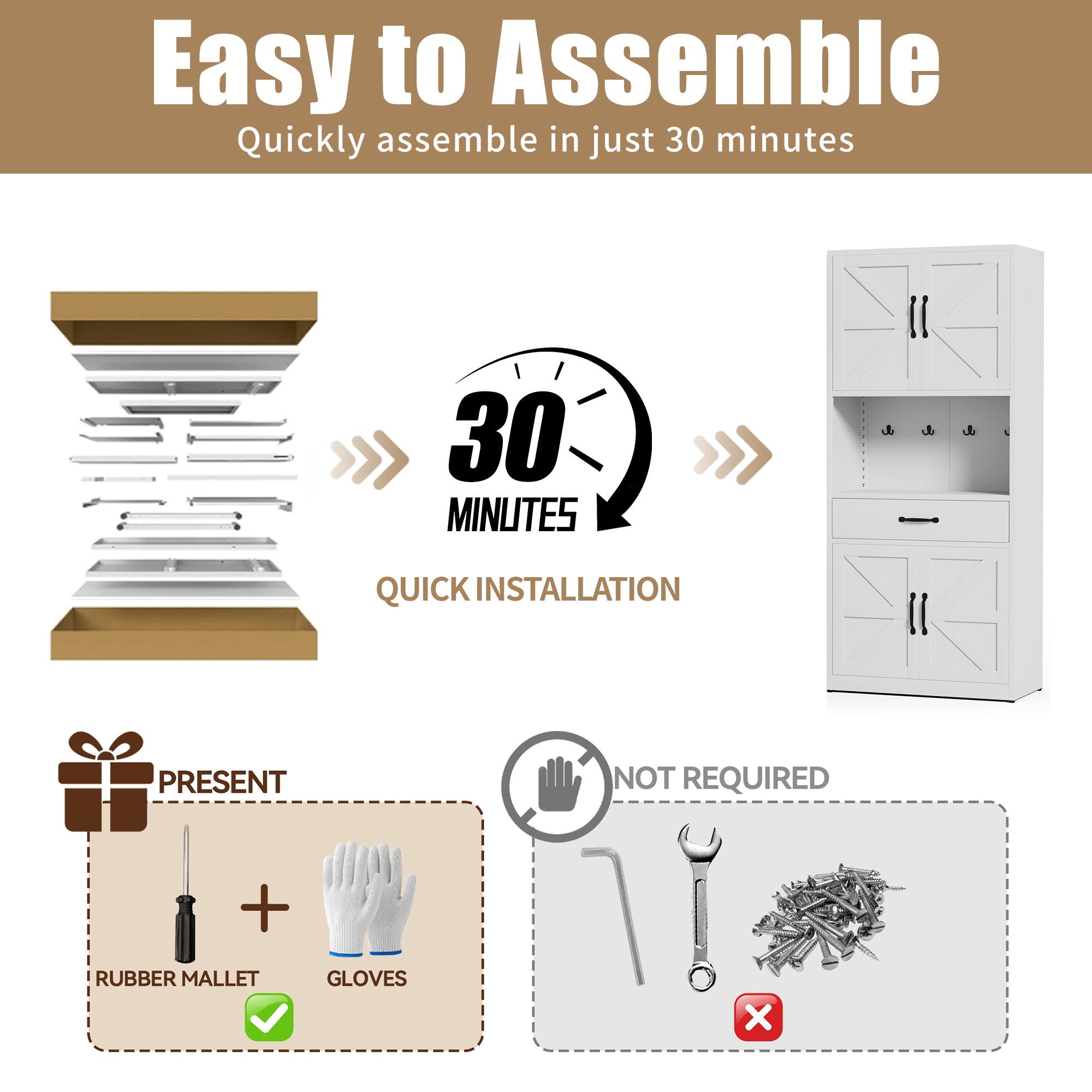 Kitchen Pantry Cabinet With Adjustable Shelves, Drawers, Hooks And Large Countertop - White