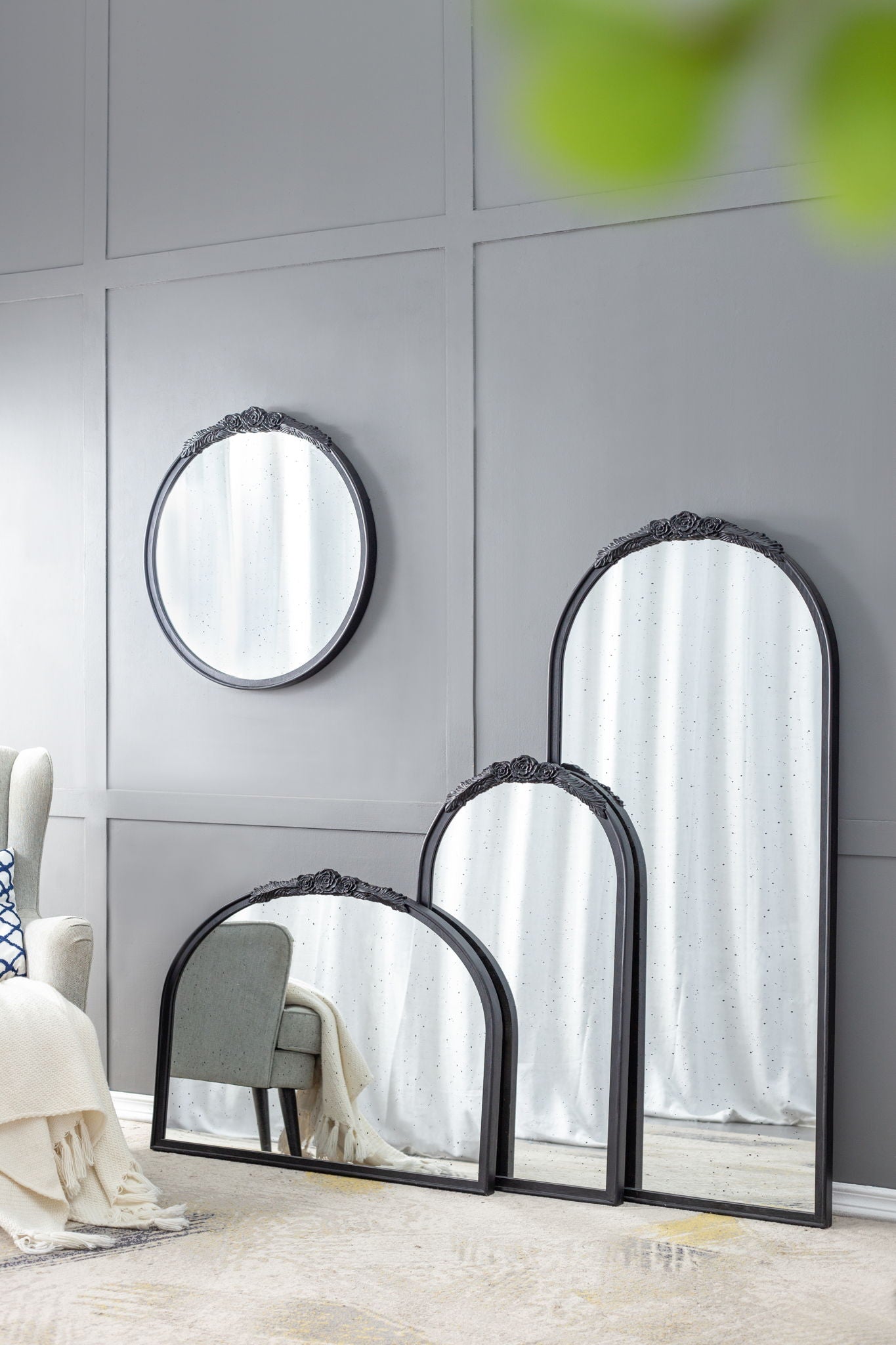 Hand Carved Rose Antique Mirror Frame, Wood Arch Mirror Wall Decor For Living Room