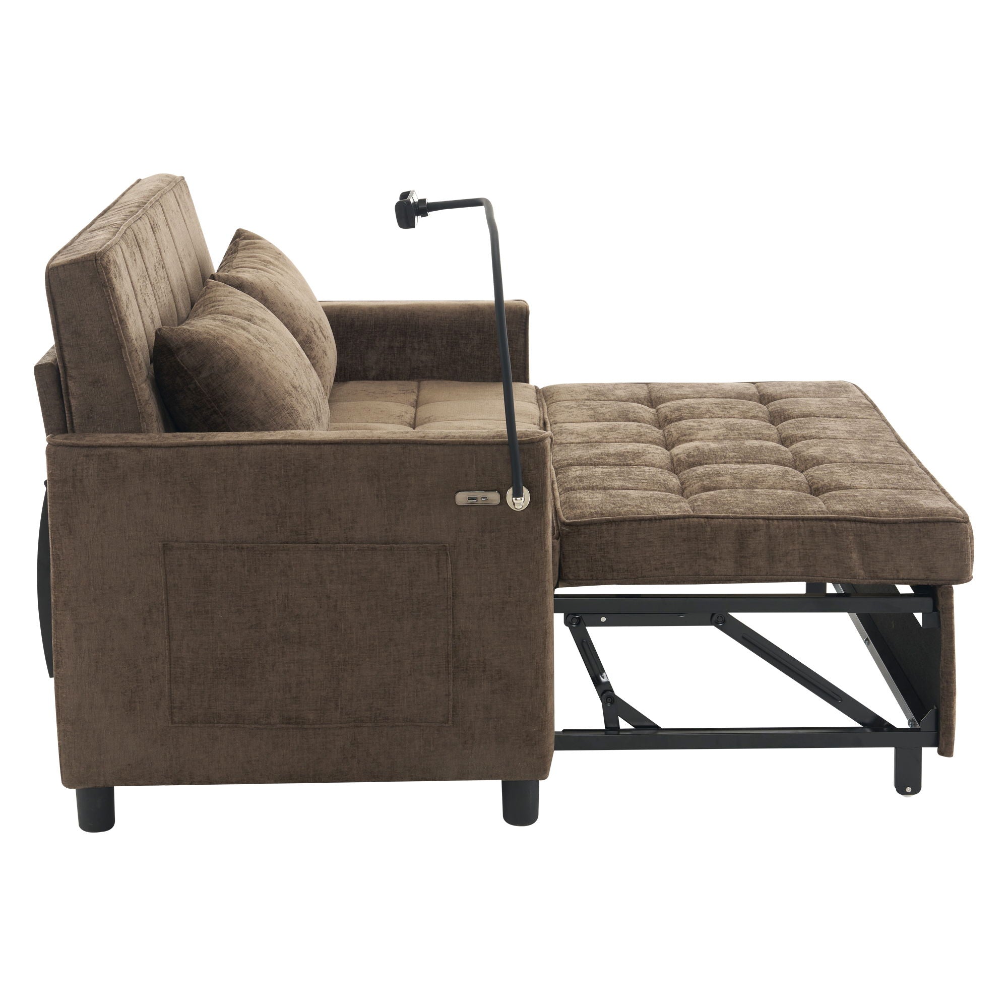Pull-Out Sleeper Sofa With Reversible Backrest Cushion, Side Pockets, 2 USB Ports And A Phone Holder For Living Room