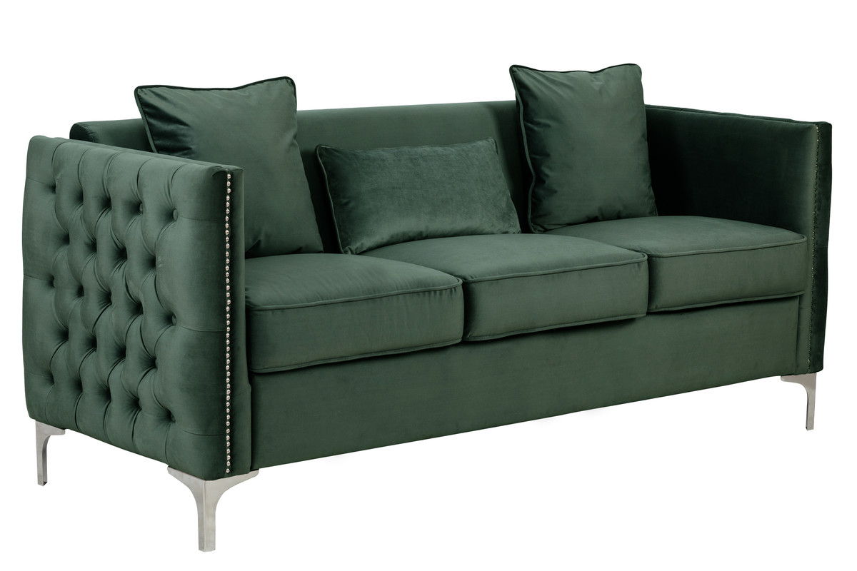 Bayberry 73"W Green Velvet Sofa with 3 Pillows