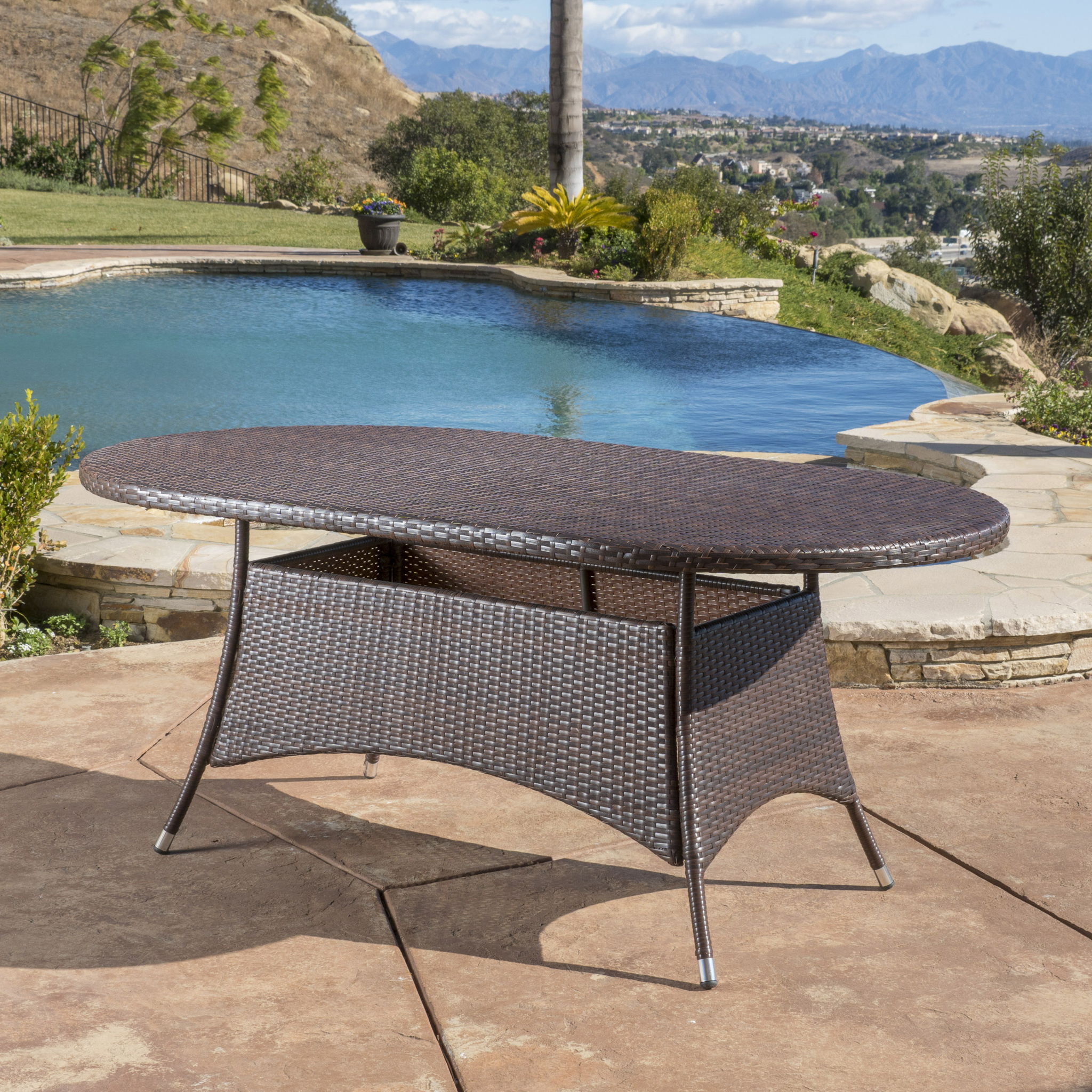 Outdoor Oval Dining Table With Silver Tipped Legs - Brown Multi