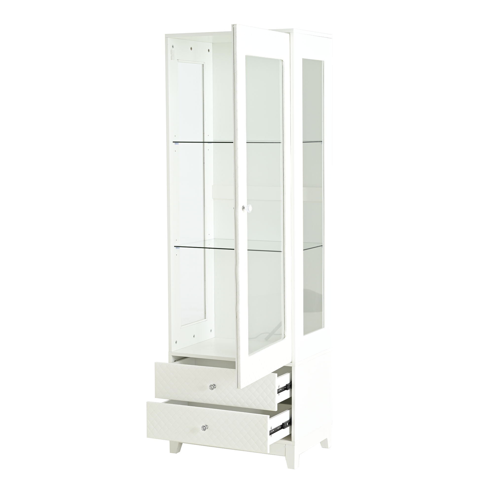 Modern Upholstered Glass Display Cabinet With Adjustable LED Light - White