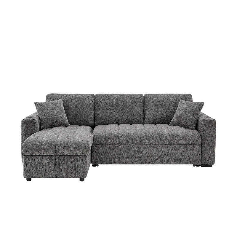Seraphina 101"W Gray Chenille Fabric Reversible Sleeper Sectional Sofa with Storage Chaise, Cupholders, USB Charging Port, and Throw Pillows