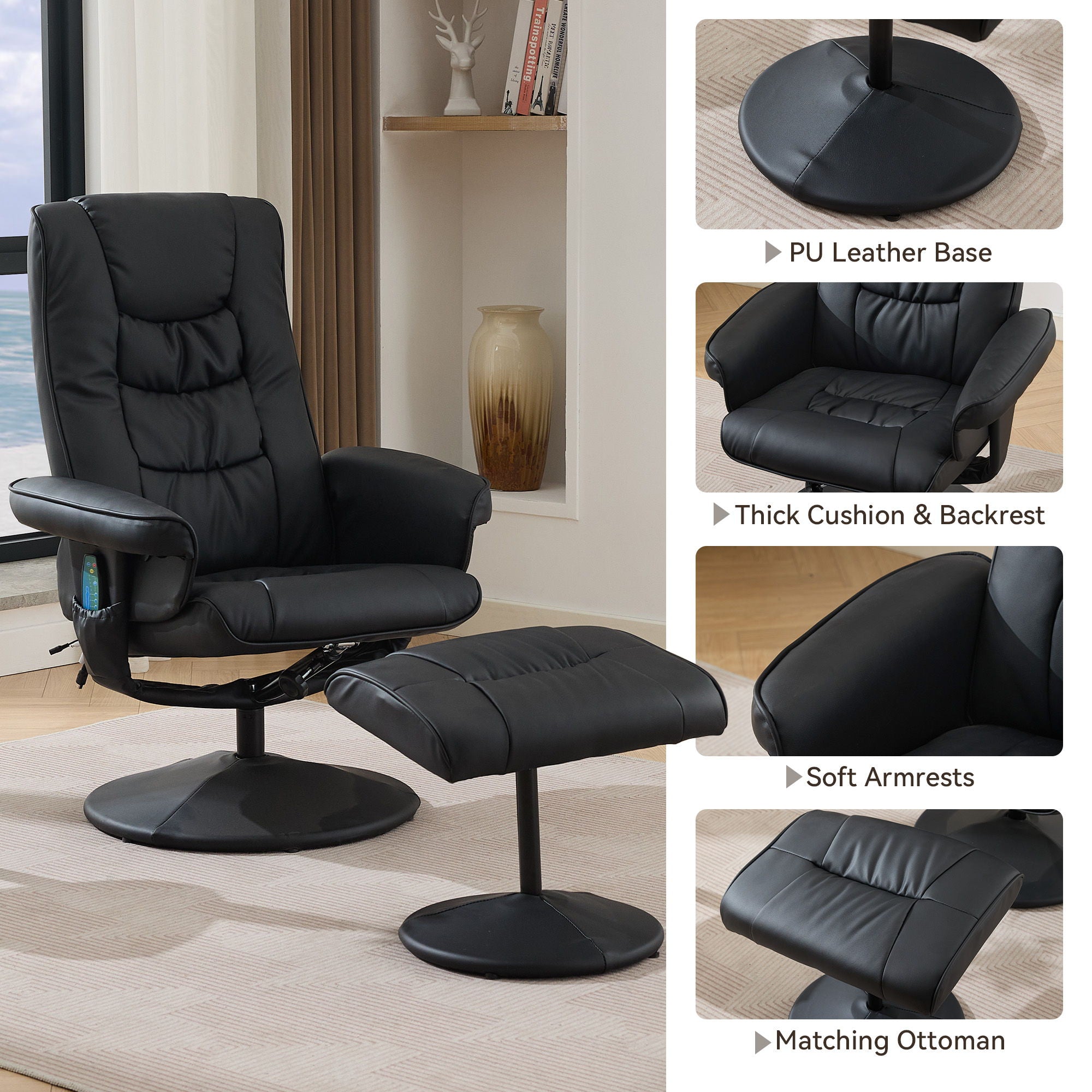 Recliner Chair With Ottoman, 360° Swivel Massage Lounge Chair With 5-Point Vibration & Heated Seat
