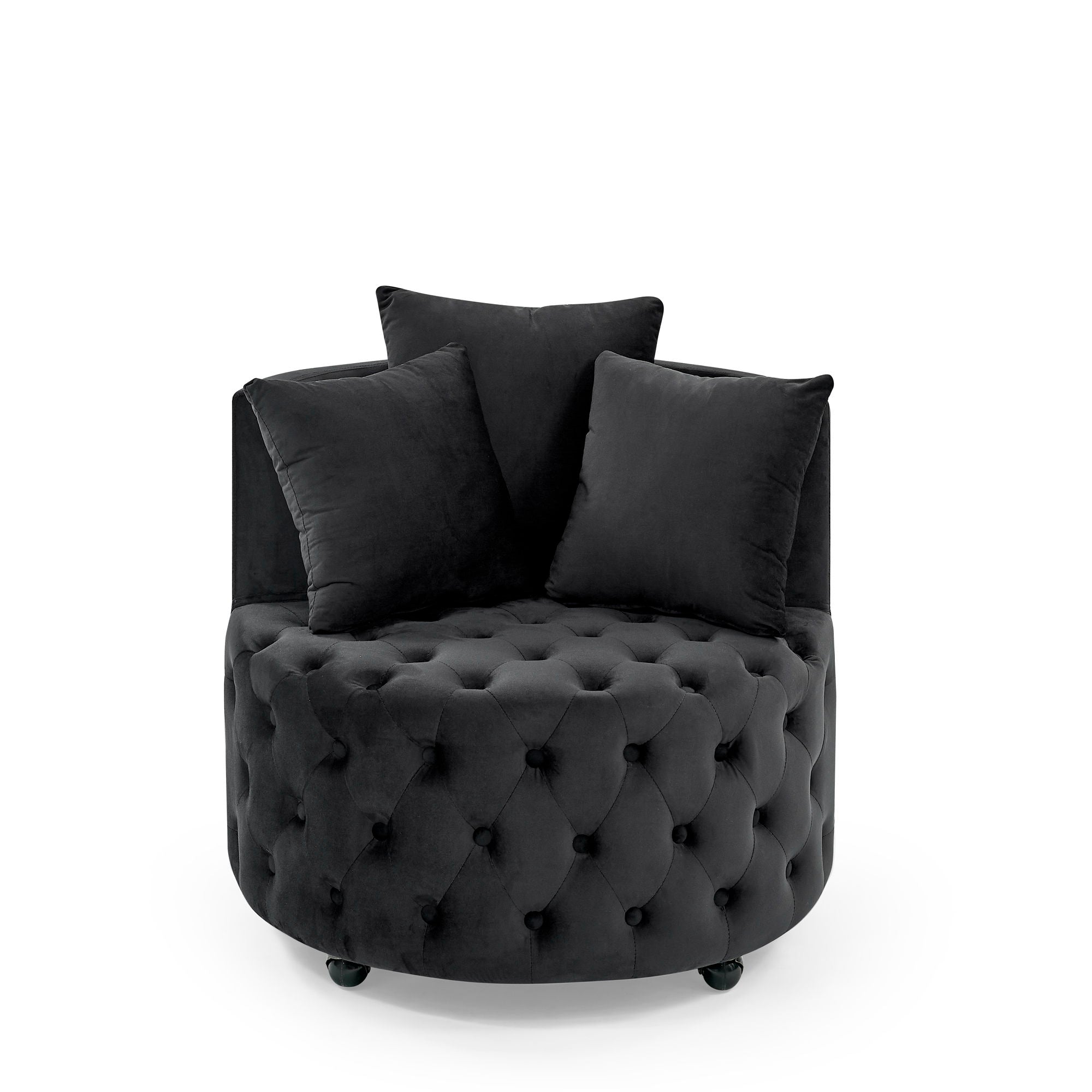 Modern Upholstered Swivel Chair With Button Tufted Design And Movable Wheels