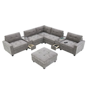 Sectional With Acrylic Table Top U Shaped Couch Set With 2 Consoles USB Charger, Storage Drawers And Pockets Movable Ottoman Tufted Sofa