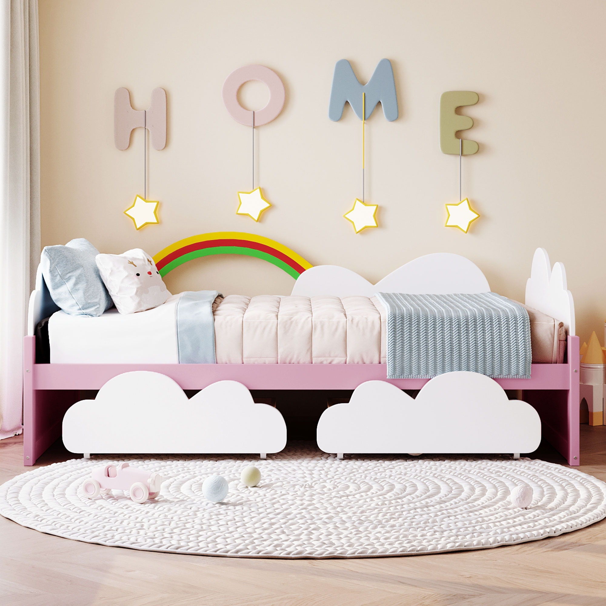Twin Size Bed With Clouds And Rainbow Decor - Pink / White