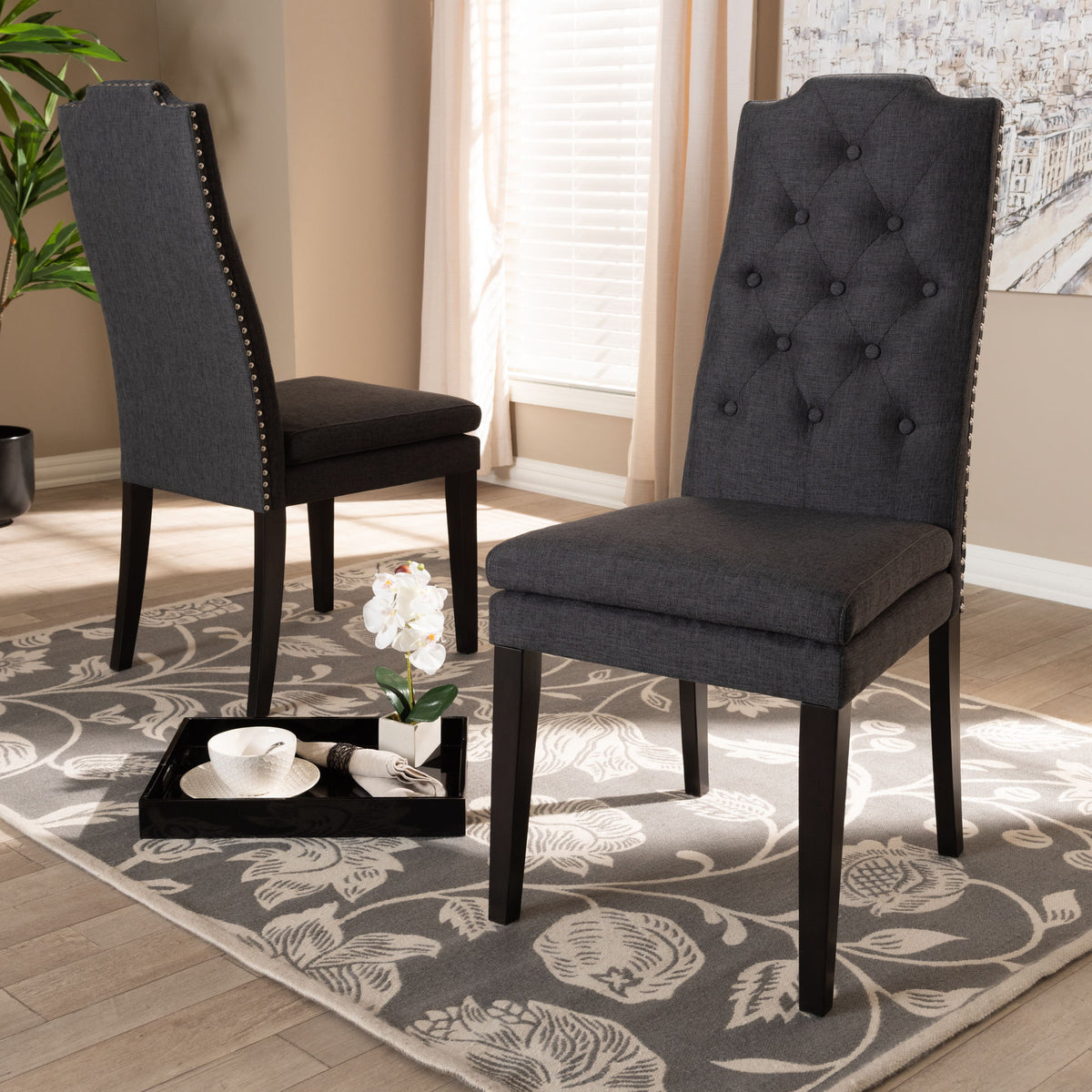 Dylin Modern and Contemporary Charcoal Fabric Upholstered Button Tufted Wood Dining Chair Set of 2