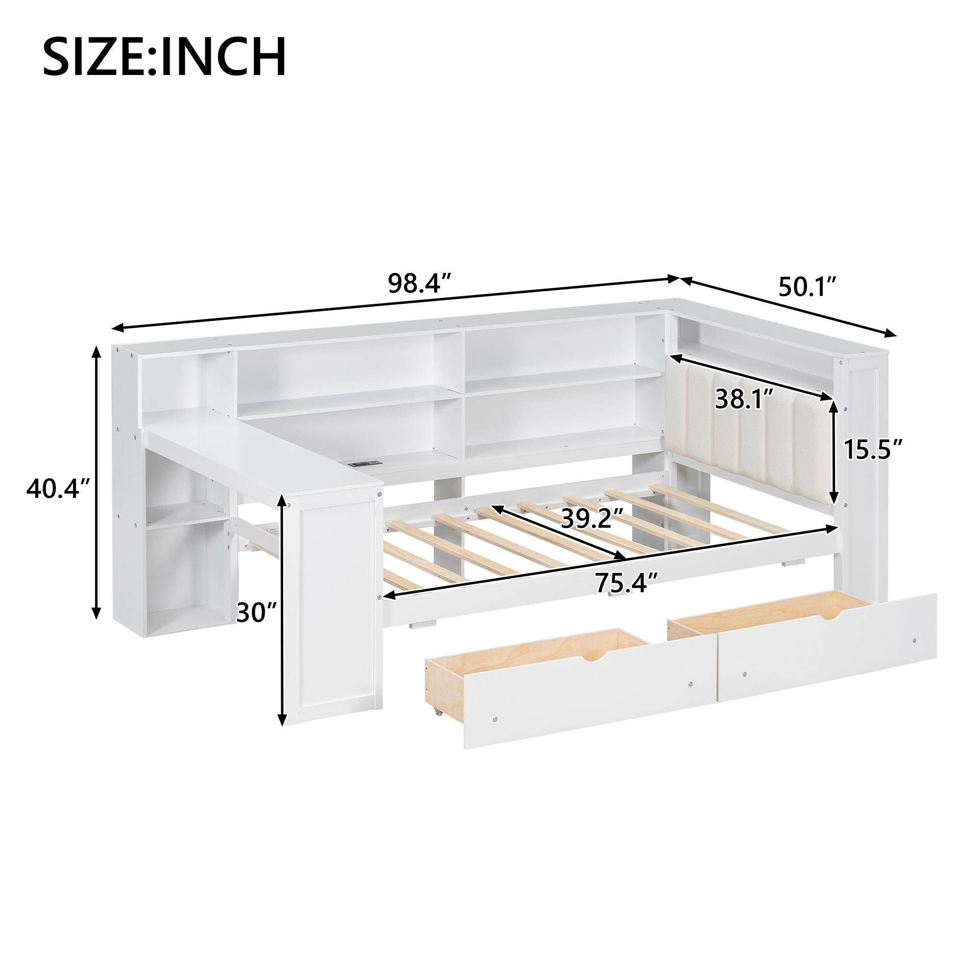 Platform Bed With Upholstered Headboard, Storage Shelves, Drawers, Charging Station, LED Lighting, Built In Desk