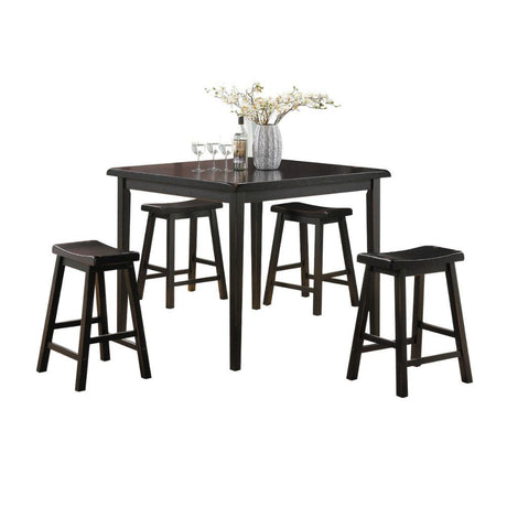 The Gaucho Counter Height Dining Set offers simplicity with a versatility perfect for any small dining space. This set boasts an space saving design, square leg table and four matching saddle style stools. The Table features a Solid Top and square legs.