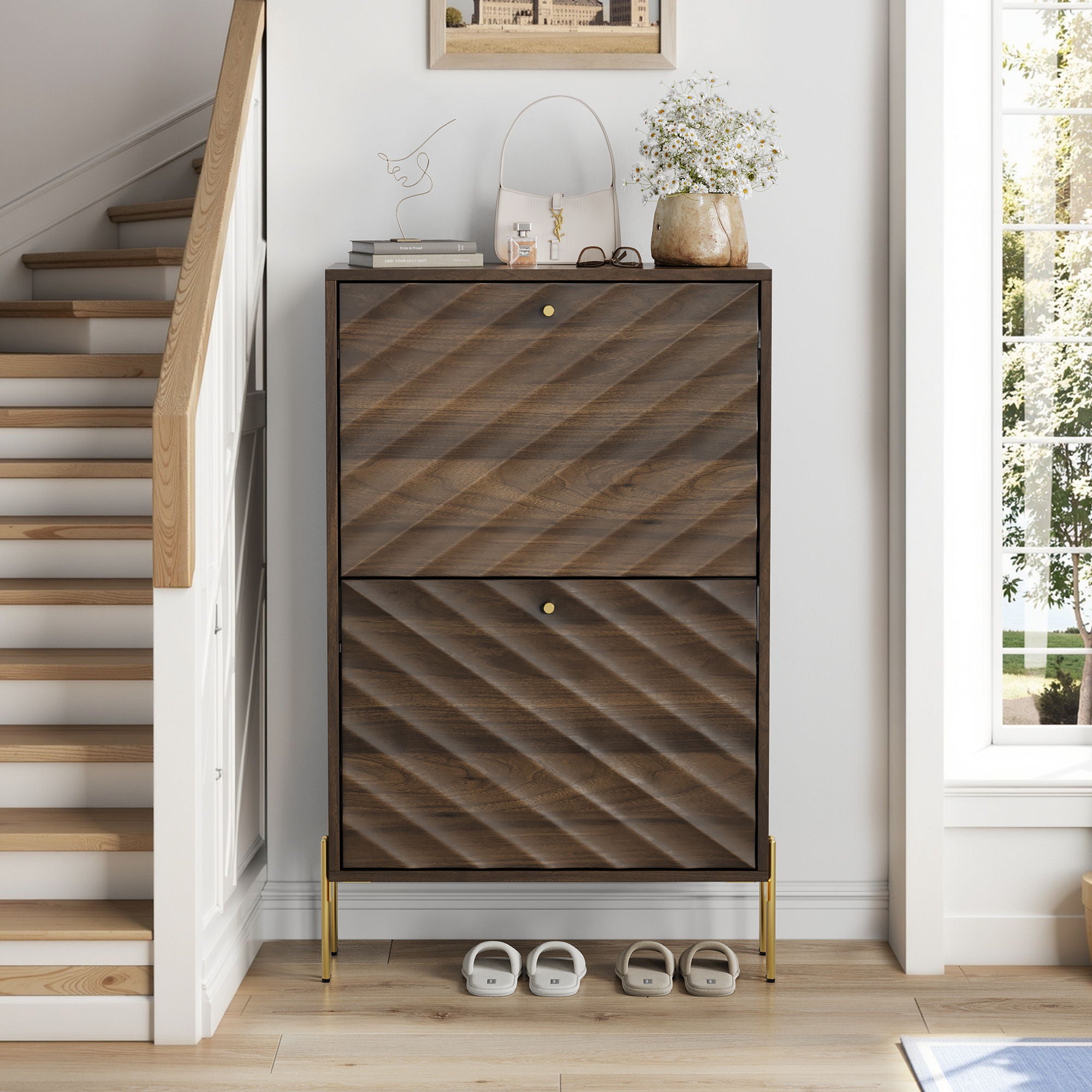Shoe Cabinet, Freestanding Organizer For Entryway - Walnut