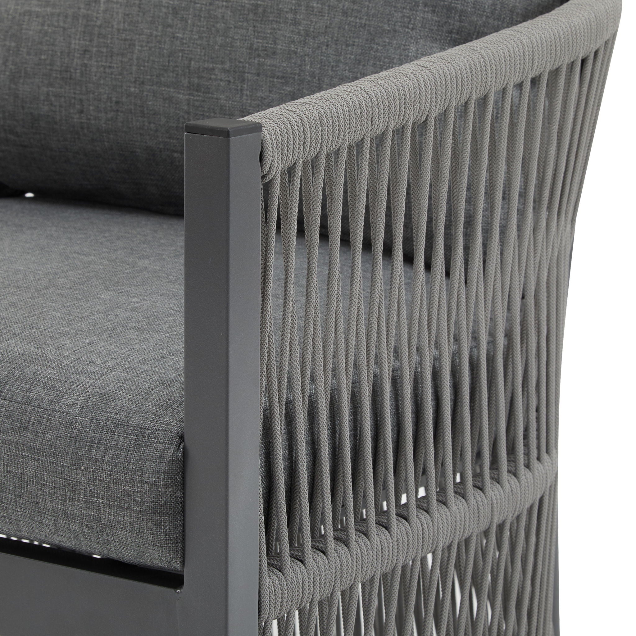 Modern Curved Aluminum Lounge Chair With Stylish Rope Weave Design And Cushioned Comfort For Outdoor