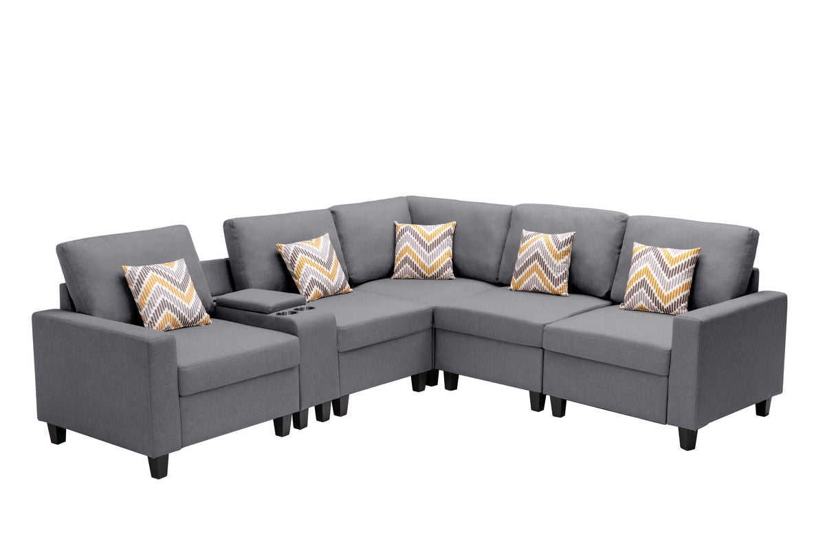 Nolan 106"W Gray Linen Fabric 6Pc Reversible Sectional Sofa with a USB, Charging Ports, Cupholders, Storage Console Table and Pillows and Interchangeable Legs