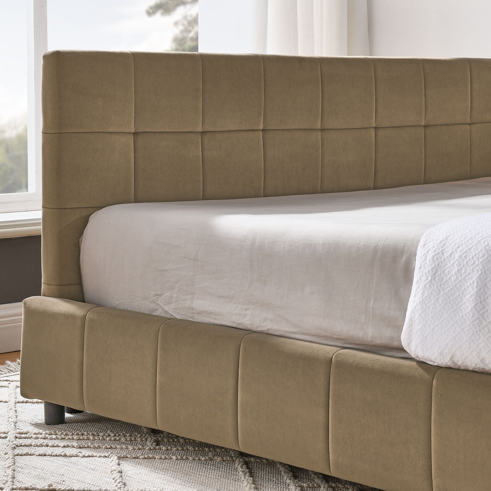 Upholstered Bed Frame With Tufted Backrest And Armrests