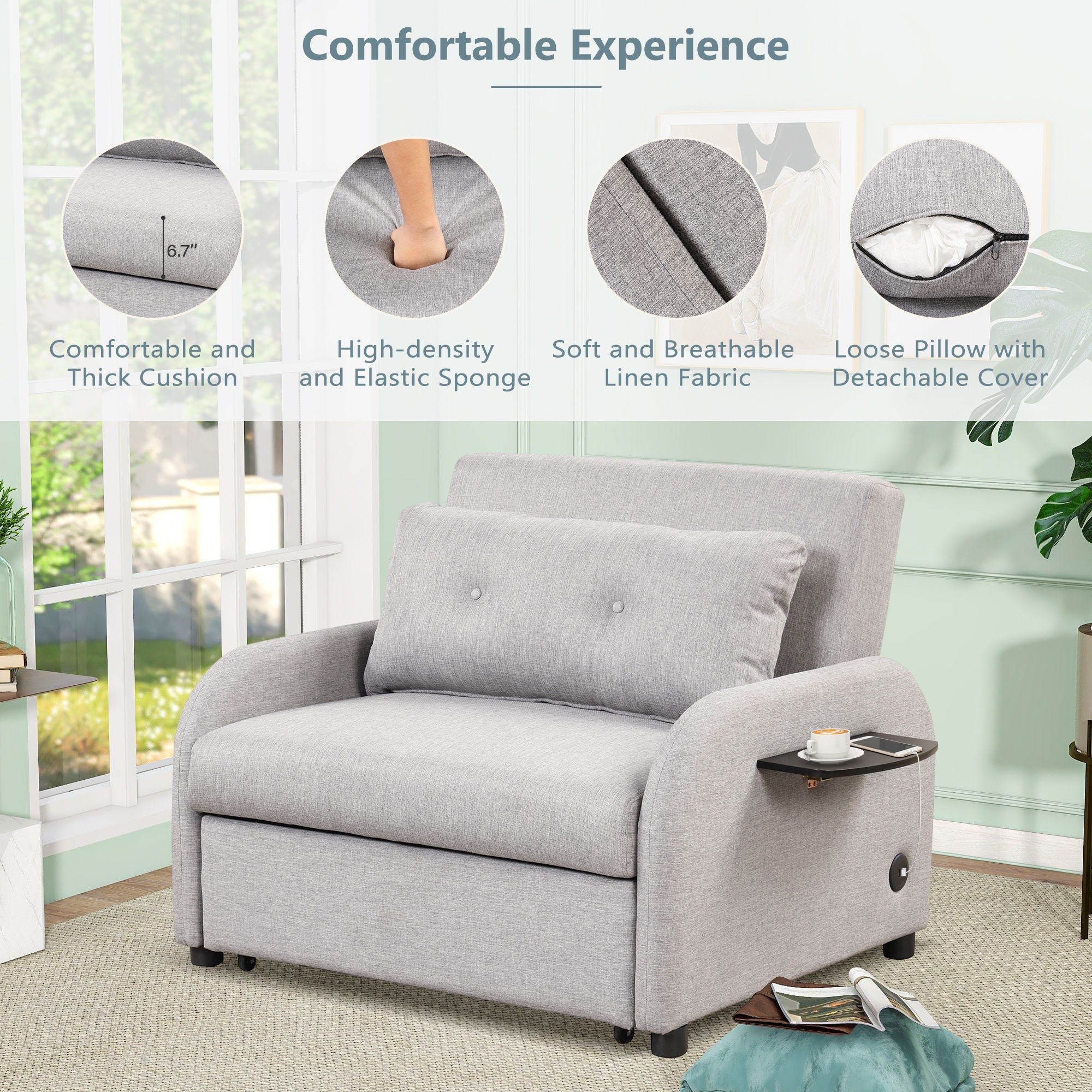 Versatile Pull Out Sofa Sleeper 3 In 1 With Wing Table & USB Charge, Compact Design