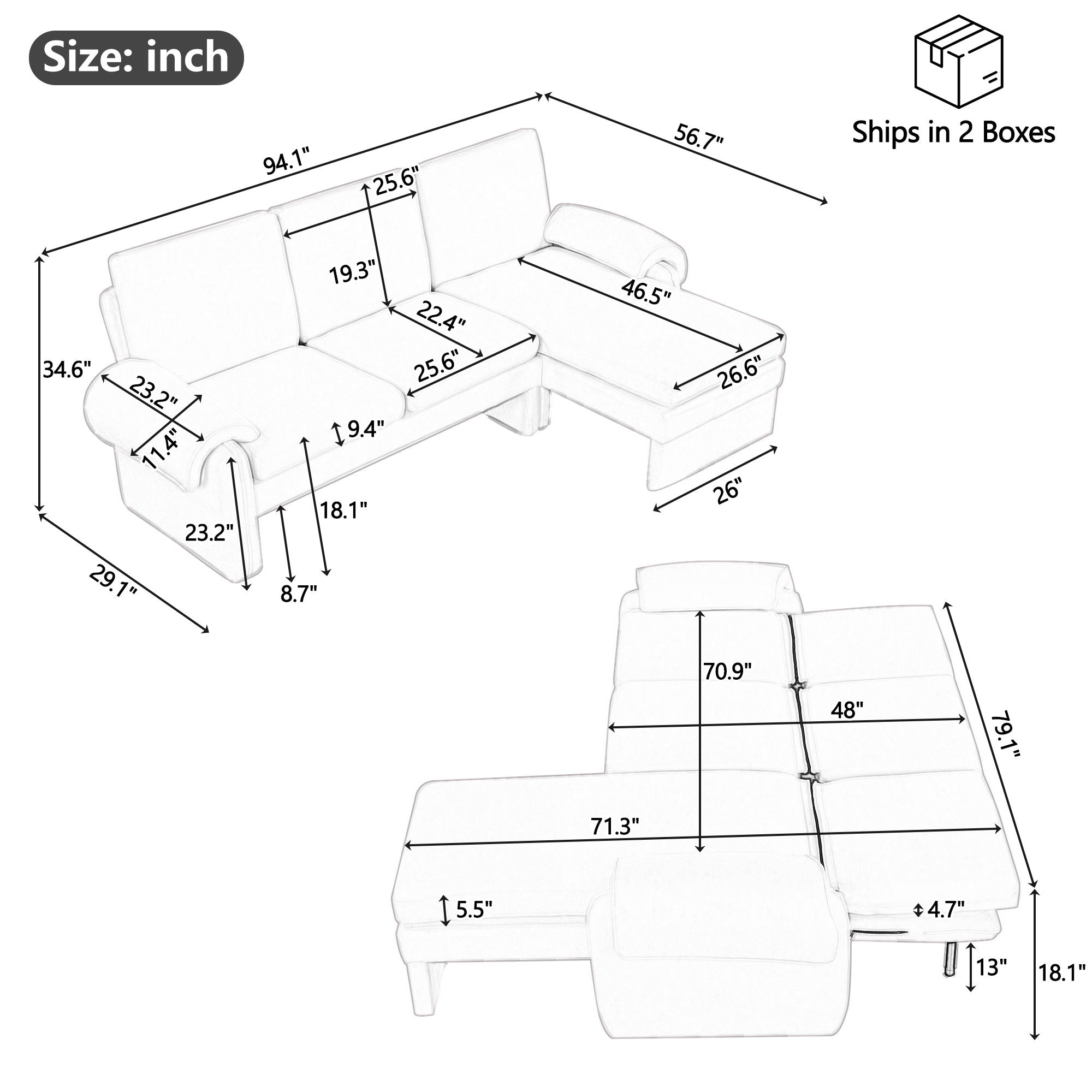 Convertible Futon Sofa Bed With Adjustable Backrest, Reversible Chaise Lounge And 2 Removable Armrest Pillows